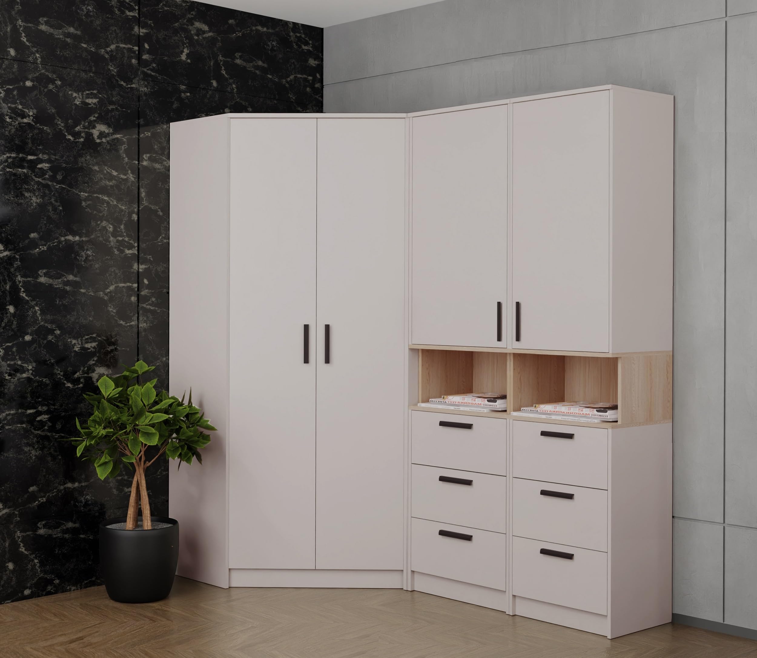 Marmex Grant Set 17C Eckschrank mit Zwei Bücherregalen große Eckgarderobe für den Kinderzimmer, Jugendzimmer und Schlafzimmer Cashmere + cremona torro