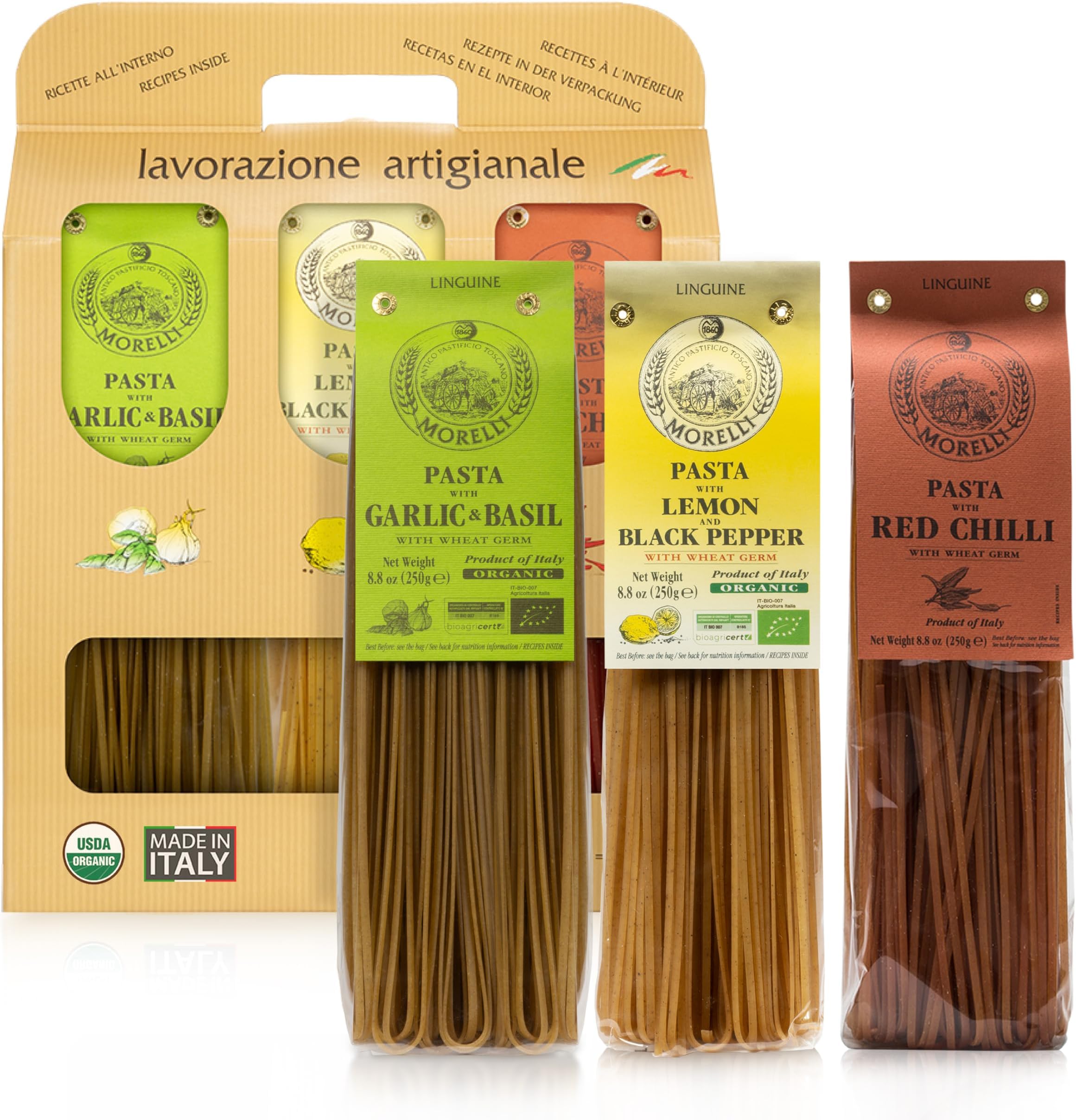 Morelli Organic Gourmet Pasta Italian Gift Basket from Italy, Tricolor Linguine Set, Red Chili, Garlic & Basil, and Lemon Flavors - 8.8 oz (Pack of 3)