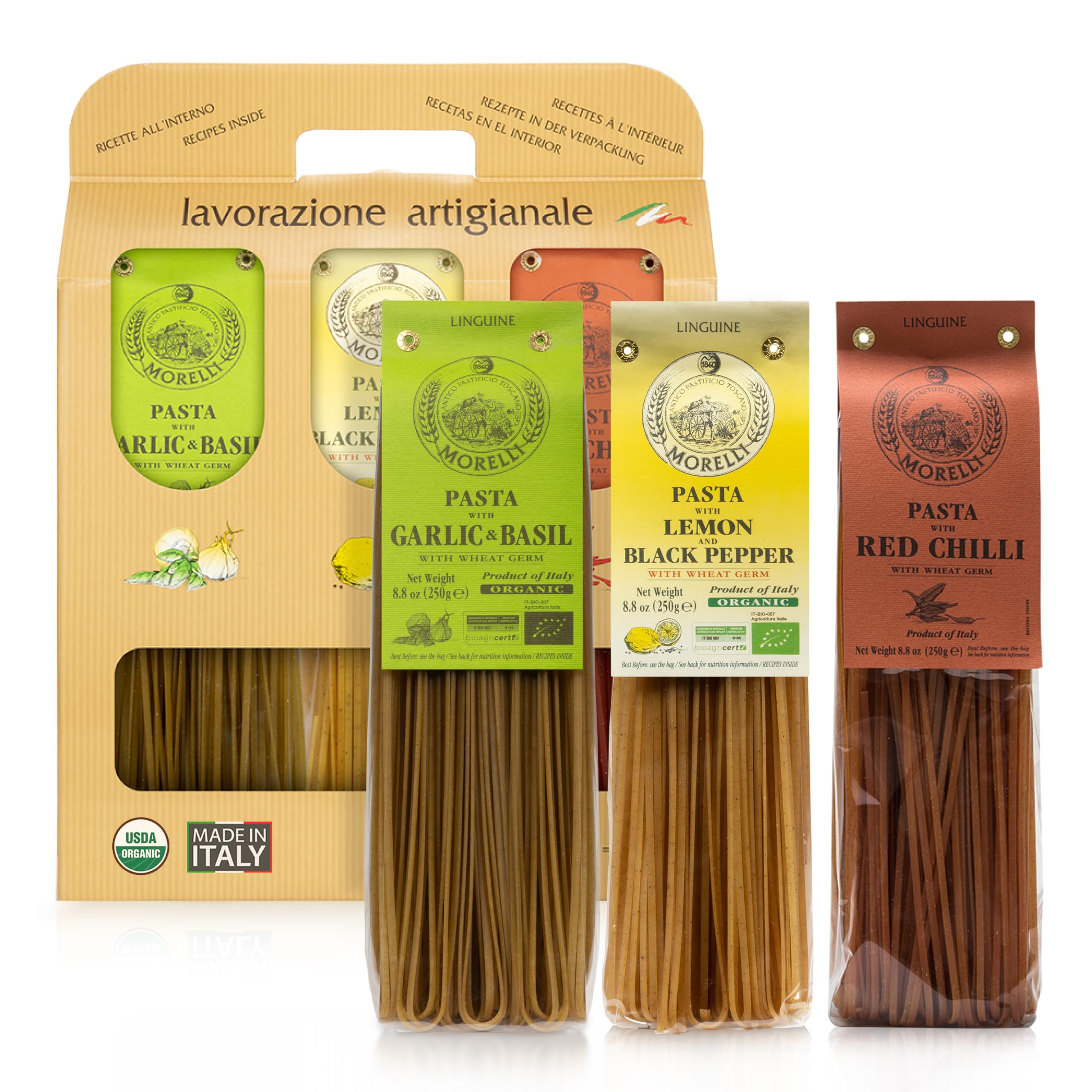 Morelli Organic Gourmet Pasta Italian Gift Basket From Italy - Tricolor Pasta Linguine Set - Red Chili, Garlic & Basil, and Lemon Flavors, Made in Italy - 3x 8.8 ounce