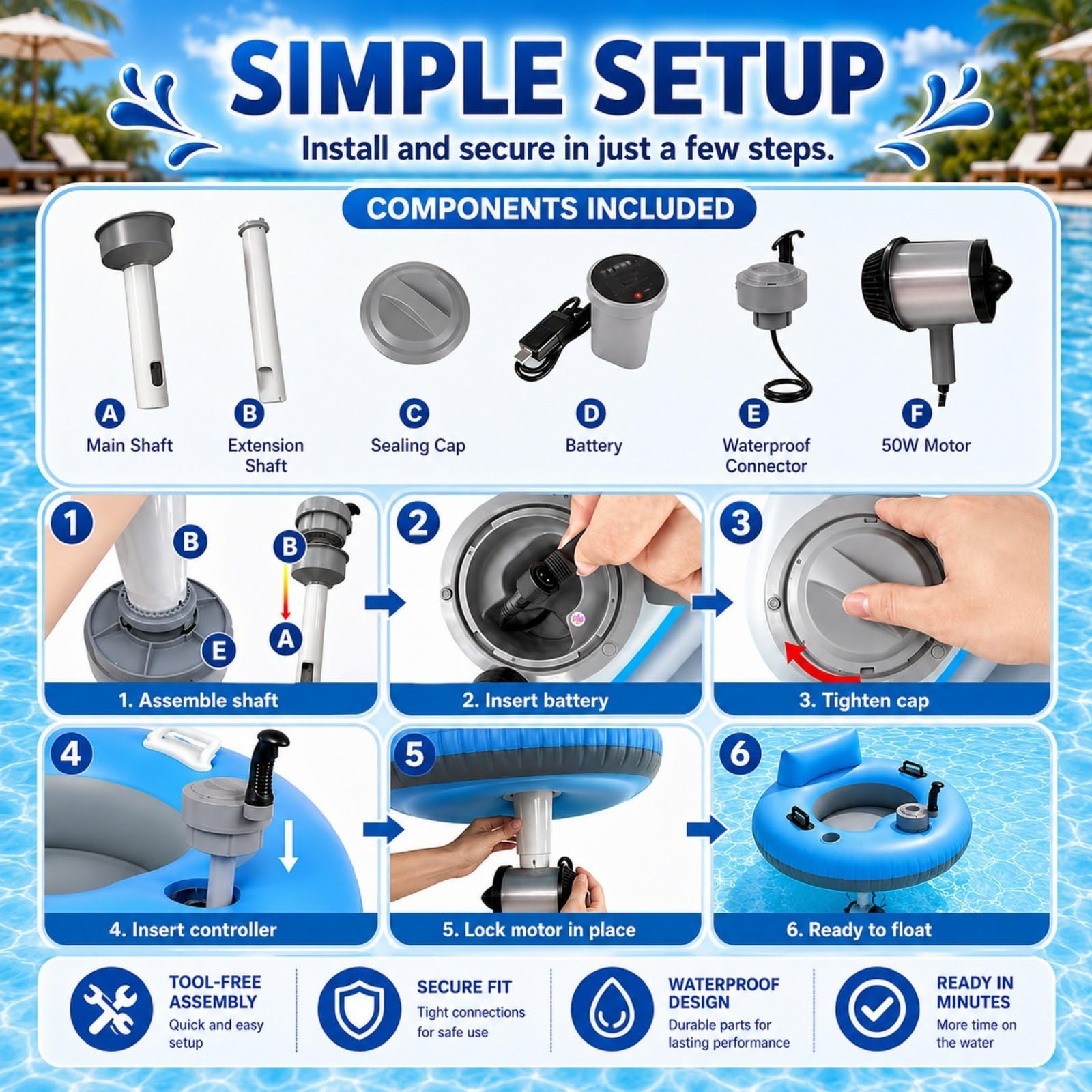 Flotador Motorizado para Piscina, Motor 50 W, Joystick 360° | PVC Grueso, Capacidad 136 kg, Autonomía 60 Min para Usuarios 14+ en Piscina, Lago, Ríos Tranquilos