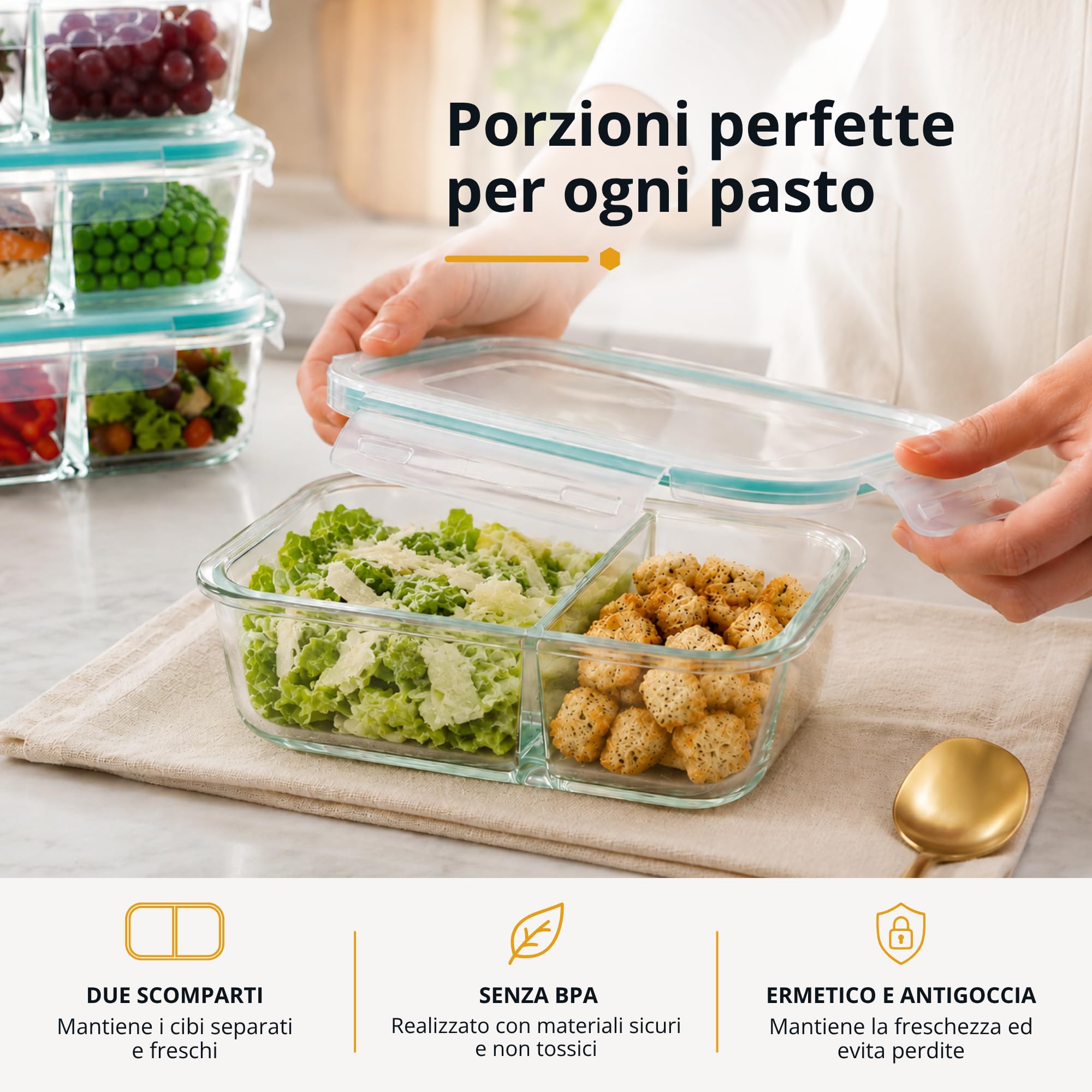 Winter Shore Contenitori Vetro con Coperchio e 2 Scomparti (5 Pezzi) - Bento Box di Qualità Alimentare, Senza BPA, a Prova di Perdite - Set Contenitori Vetro per Microonde, Freezer, Lavastoviglie