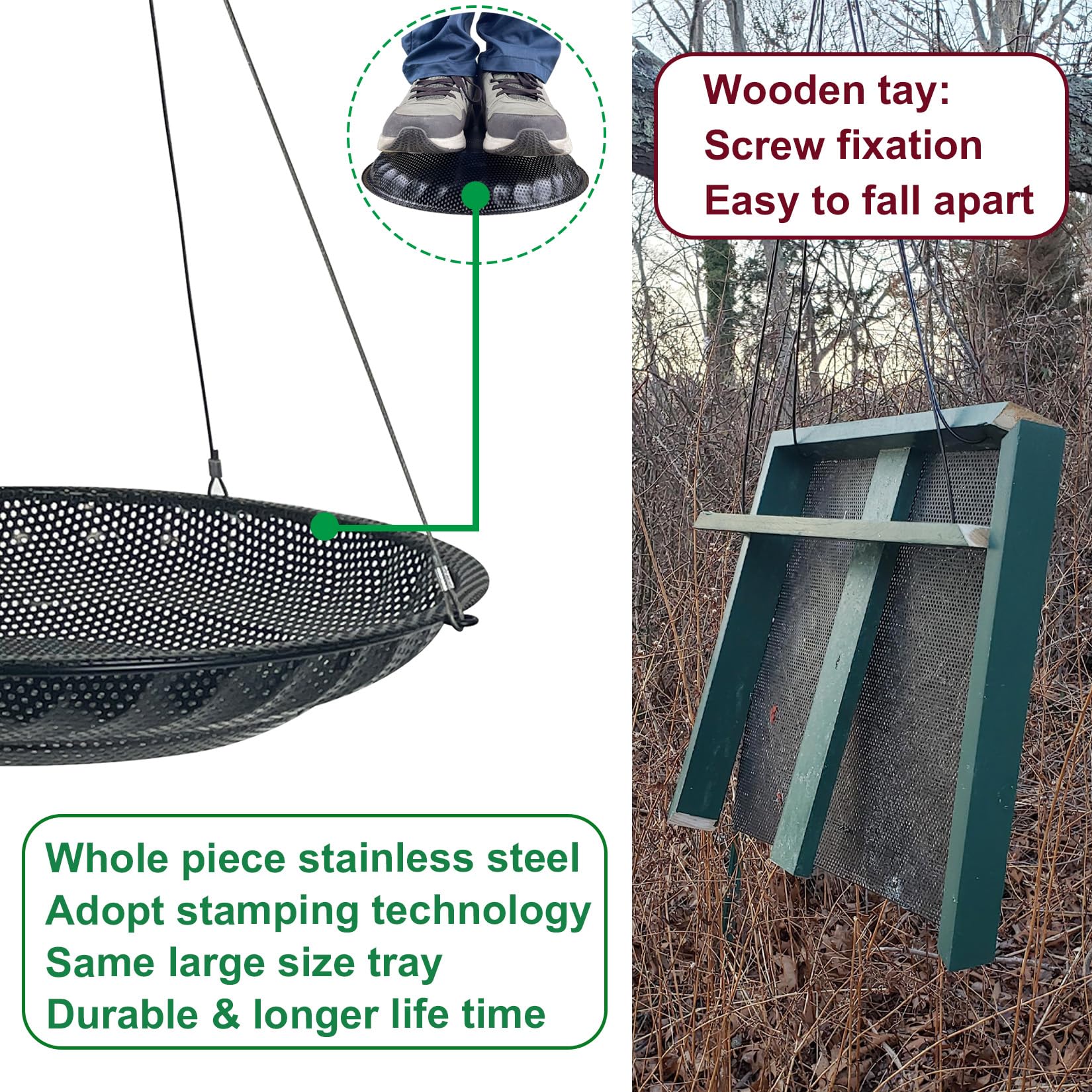 CQAIRIOU Verbesserte Vogelfutterstation zum Aufhängen, 30 cm, Edelstahl, große Plattform, Metallgitter, Samenschale für Hinterhof, Garten, Anlockung von Wildvögeln