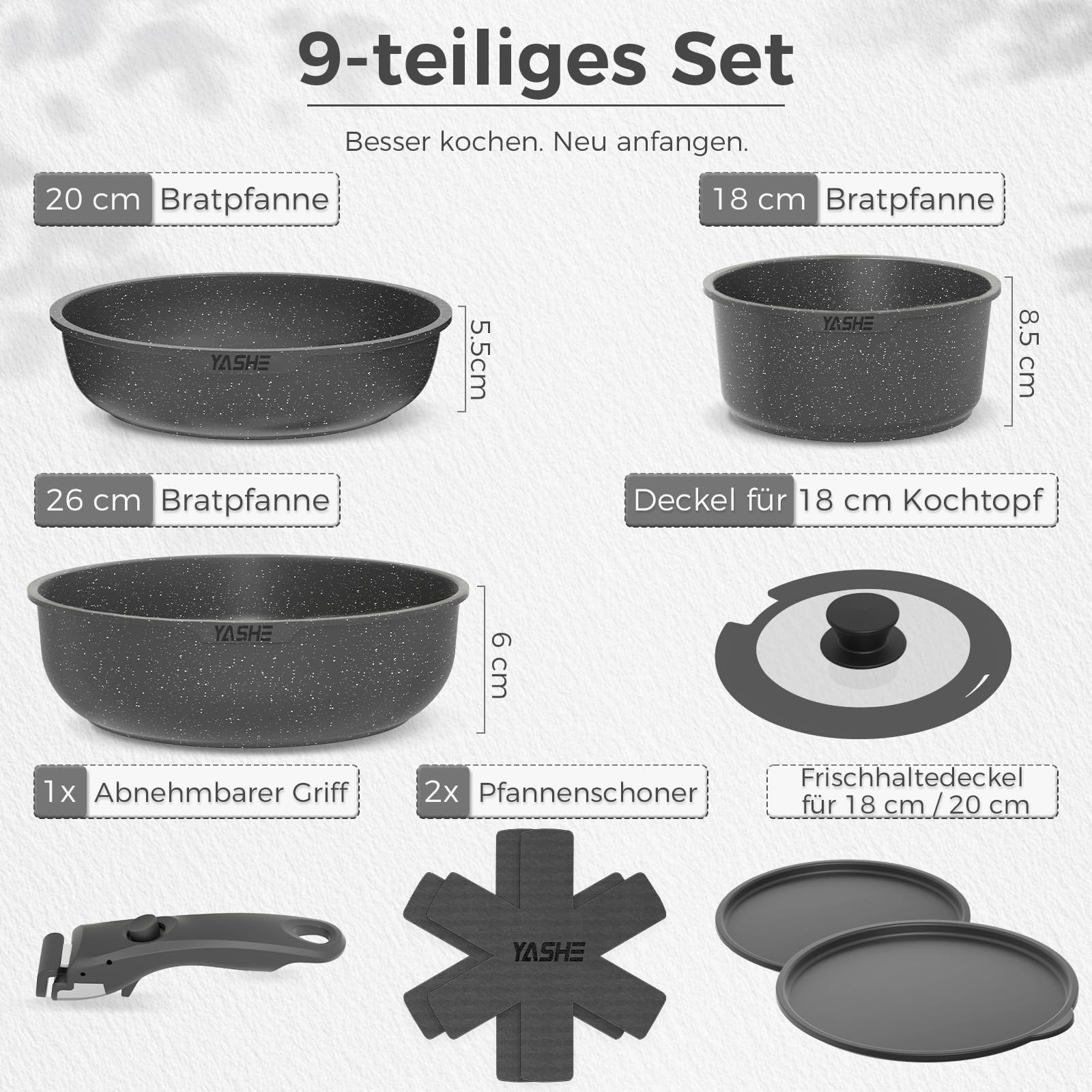 YASHE 9-teiliges Topf und Pfannenset, Antihaft-Kochgeschirr set,stapelbares TöPfe Set, Für Alle Herdarten, Abnehmbarer Griff, Ofenfest, Stapelbar Platzsparend, Schwarz, Grau