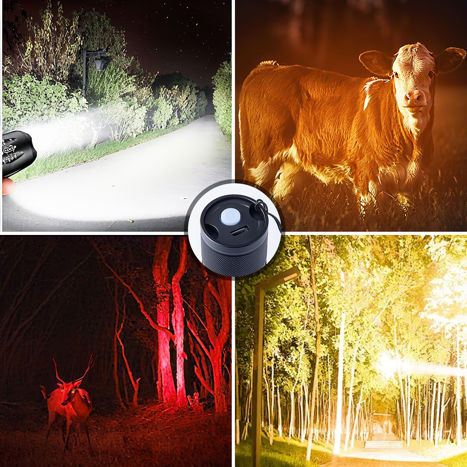 Akumulator Latarka LED 4 w 1, wielokolorowa latarka LED (biała, czerwona, żółta, pomarańczowa), Zoomable, wodoodporna, potężna mała latarka do obserwacji, nocnego wędkowania i nagłych