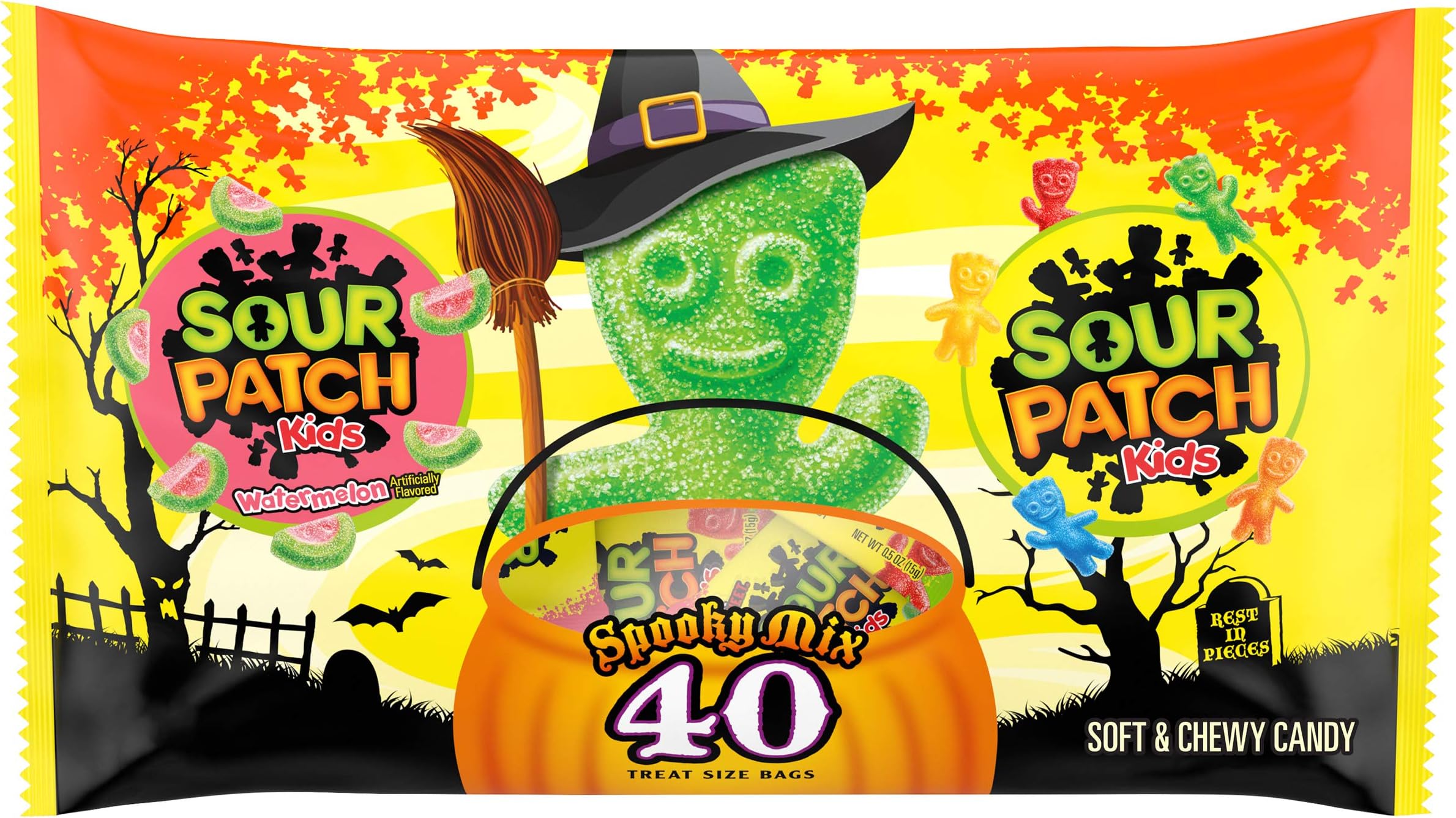 SOUR PATCH KIDS Original Candy and SOUR PATCH KIDS Watermelon Candy Halloween Candy Variety Pack, 1 - 40 Trick or Treat Snack Packs