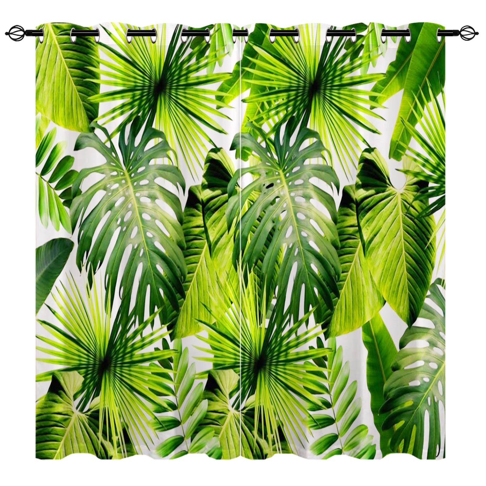Yuanzu Multi 1 Tropical Curtains, Green Plant Palm Leaf 3D Patterns Microfiber Blackout Fabric Eyelet Window Drapes For Living Room Home Decoration And Bedroom Set Of 2 Panels W168cm (66") X D183cm (72")