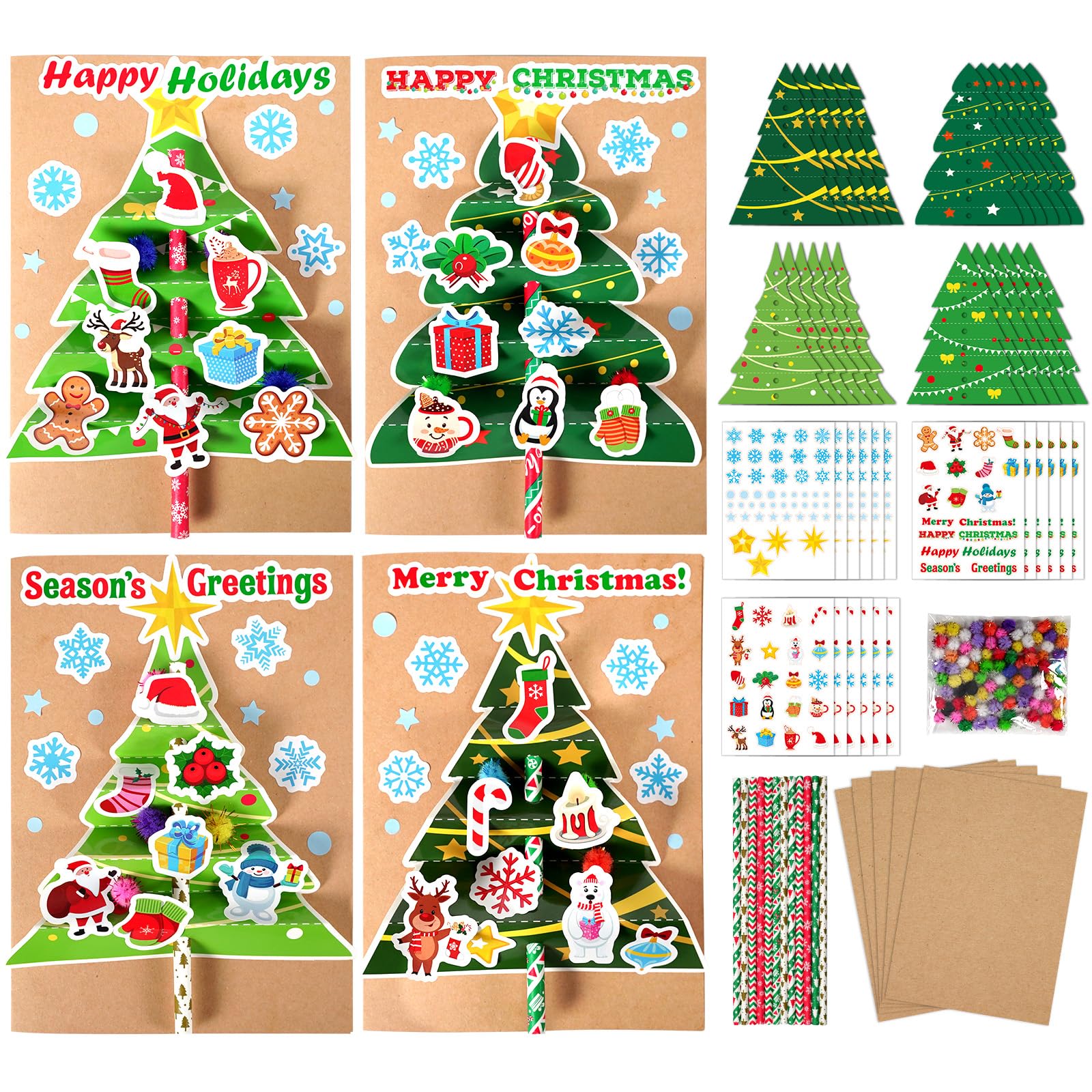Qyeahkj 24 Sets Christmas Card Making Craft Kit for Kids 3D Christmas Tree DIY Handmade Greeting Cards Make Your Own Art and Crafts Supplies for Holiday Xmas Home Classroom Activities Games