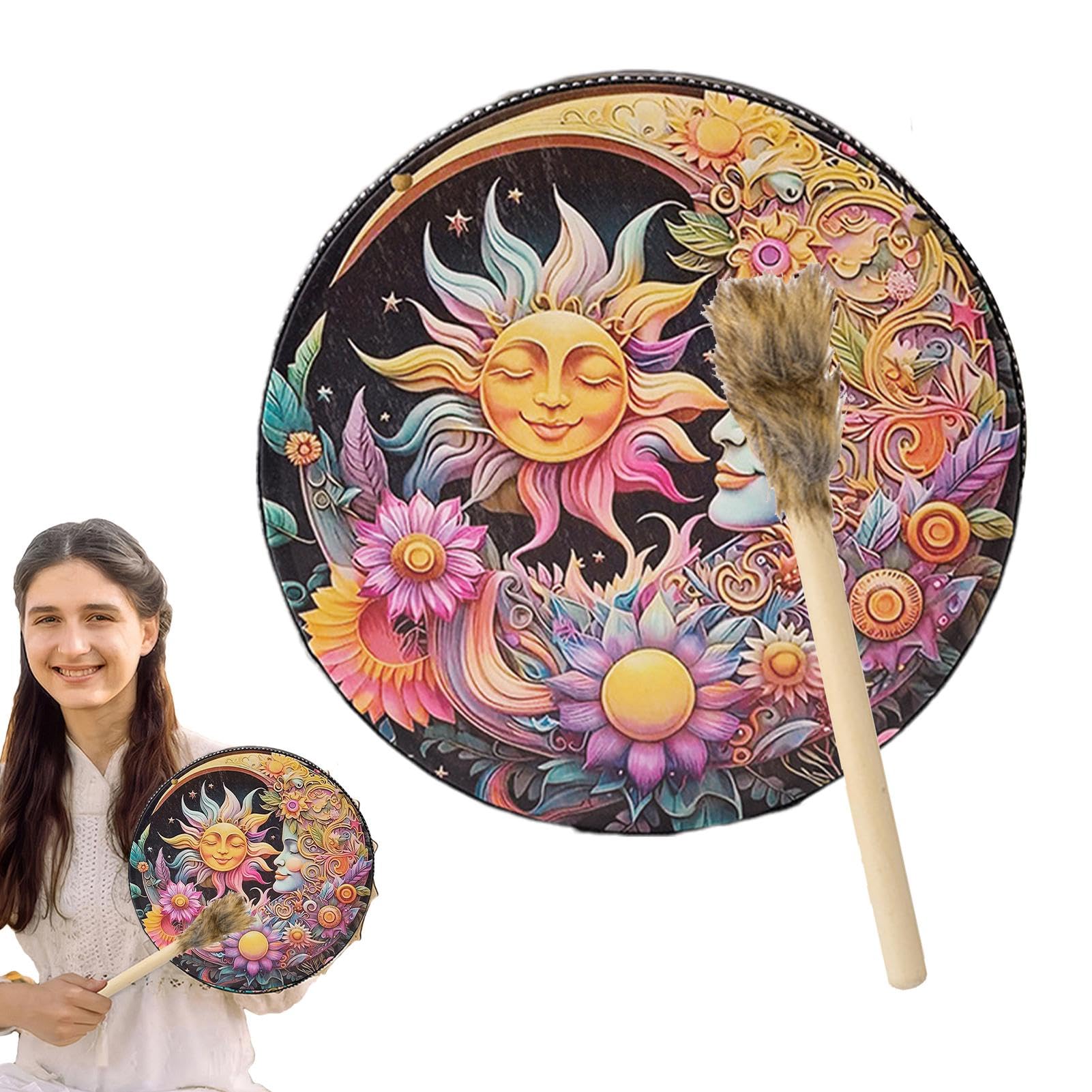 DASHIELL Tamburo dei nativi americani, tamburi mano per adulti,Tamburo sciamanico mano in pelle PU fatto mano - Strumenti musicali spirituali rotondi vintage dal tono grande con martelletto in