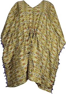 Mogul Interior Womens Boho Kaftan Dress Printed Lounge Wear Beach Style Short Caftan XL Green