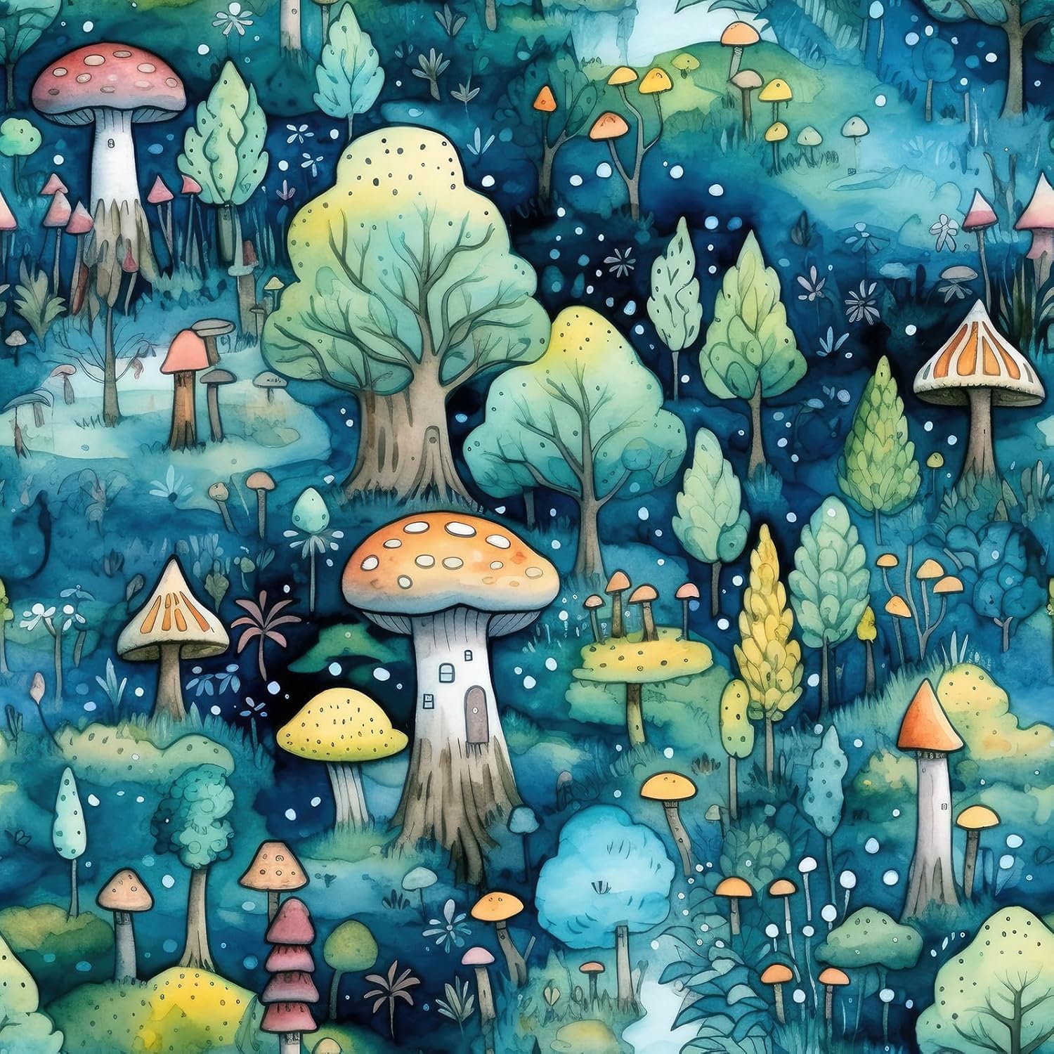 FunStick 44.5CMx9M Carta da Parati Adesiva Muro Bagno Foglie Verdi e Blu Carta da Parati Bambini Cameretta Soggiorno Funghi Foresta Impermeabile Pellicola per Armadio Adesiva Verde Blu Funghi Boemia