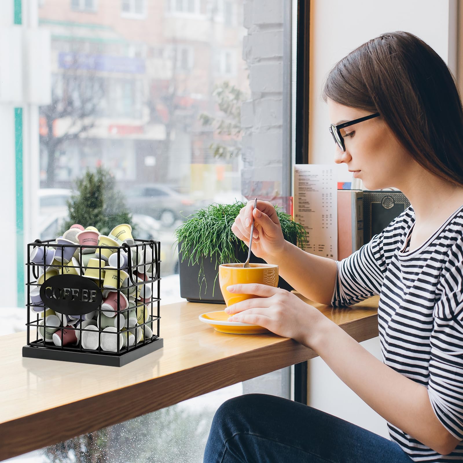 Organizador de cápsulas de café, organizador de gran capacidad, cesta de almacenamiento para encimera de cocina, oficina, cafetería, bar con base de madera (cuadrado negro rústico)