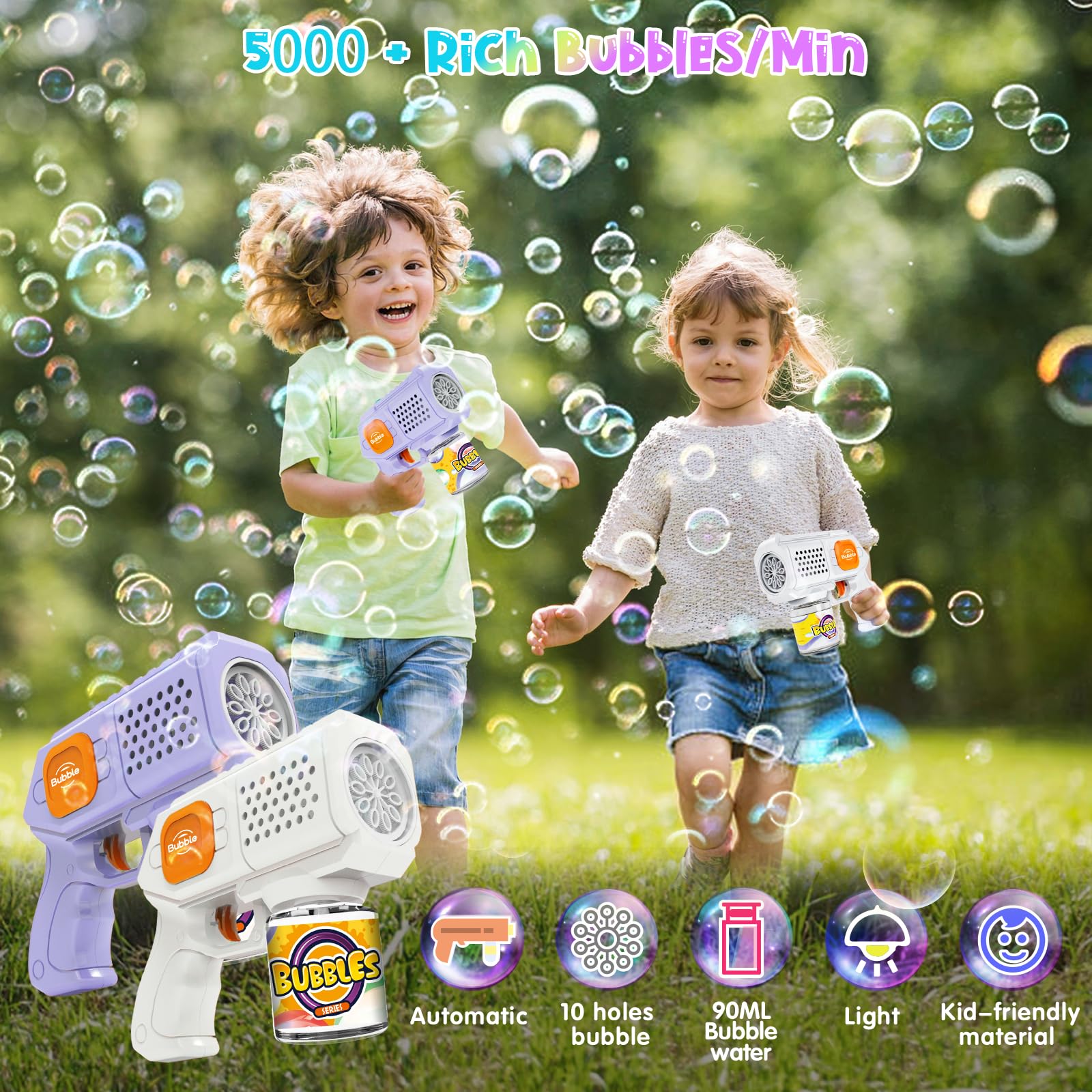 2 Pièces Pistolet à Bulles Automatique – 8000+ Bulles/Min Via 10 Trous, Anti-Fuite 360°, Portable avec Lumières LED – Machine à Bulles pour Enfant – Anniversaire/Mariage/Fête/Cadeau