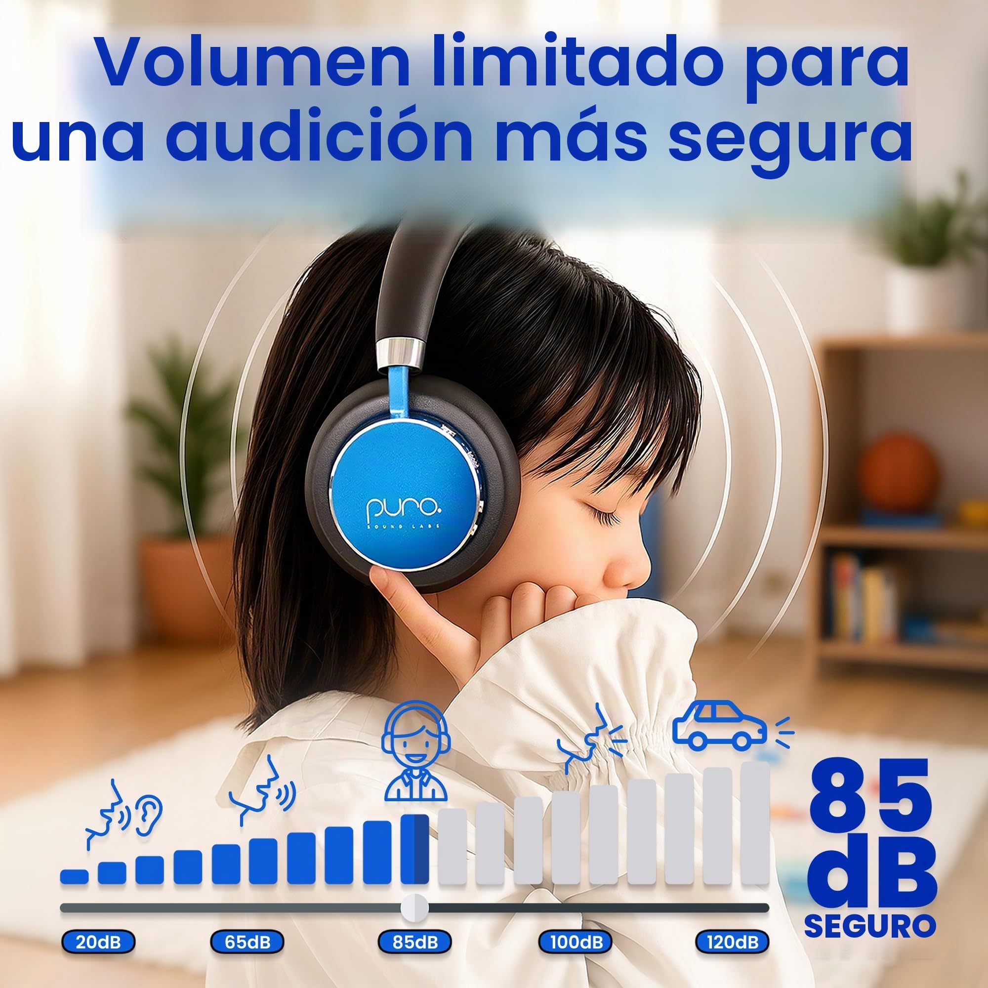 Puro Sound Labs BT2200-Plus Auriculares Bluetooth para Niños con Limitación de Volumen - Auriculares más Seguros para Niños - Calidad de Audio de Estudio y Aislamiento de Ruido (Azul)