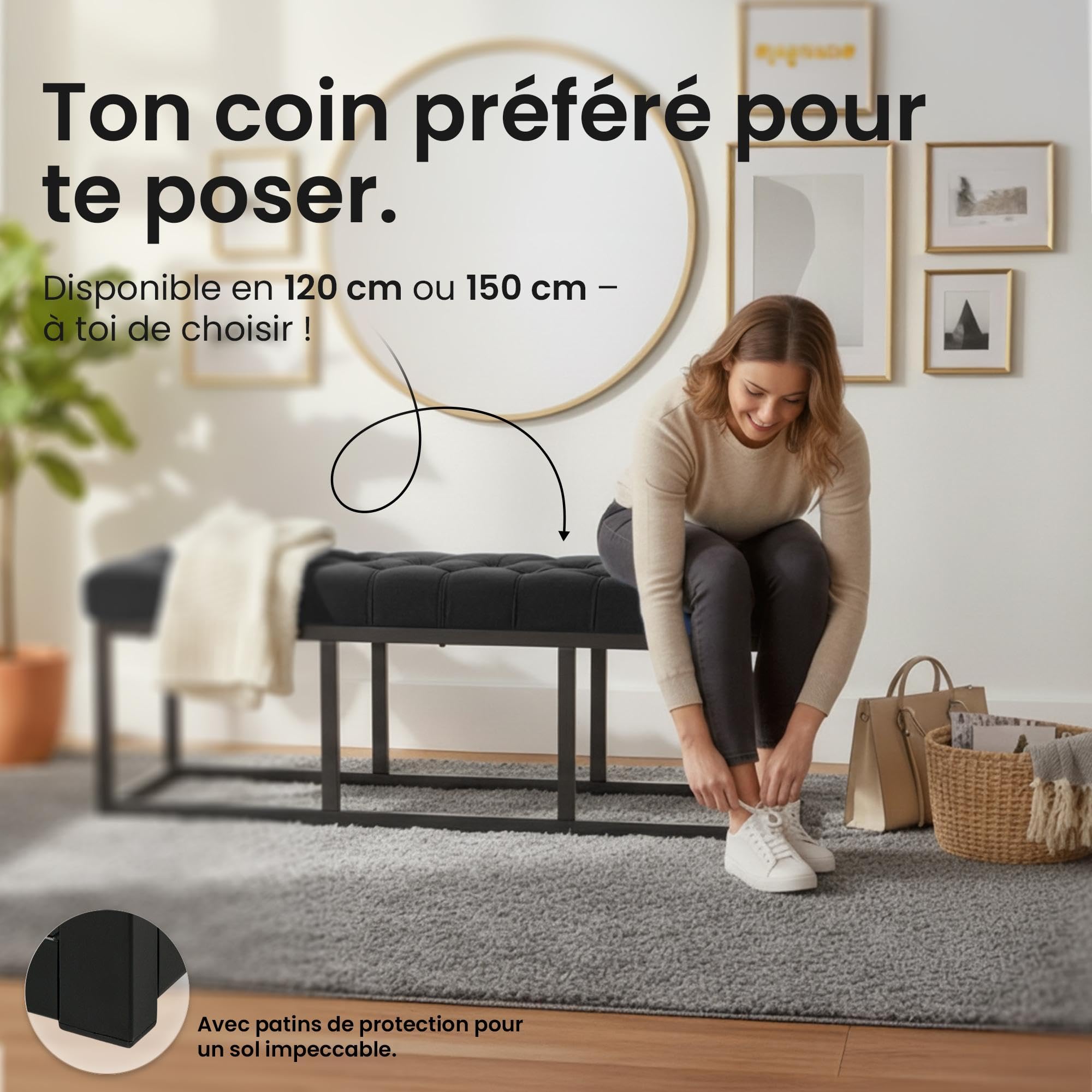CLP Banc Polson, Moderne, Cadre en métal Noir, Velours capitonné, Protection de Sol, pour Salon, entrée ou Chambre à Coucher, Couleur:Noir, Taille:120 cm