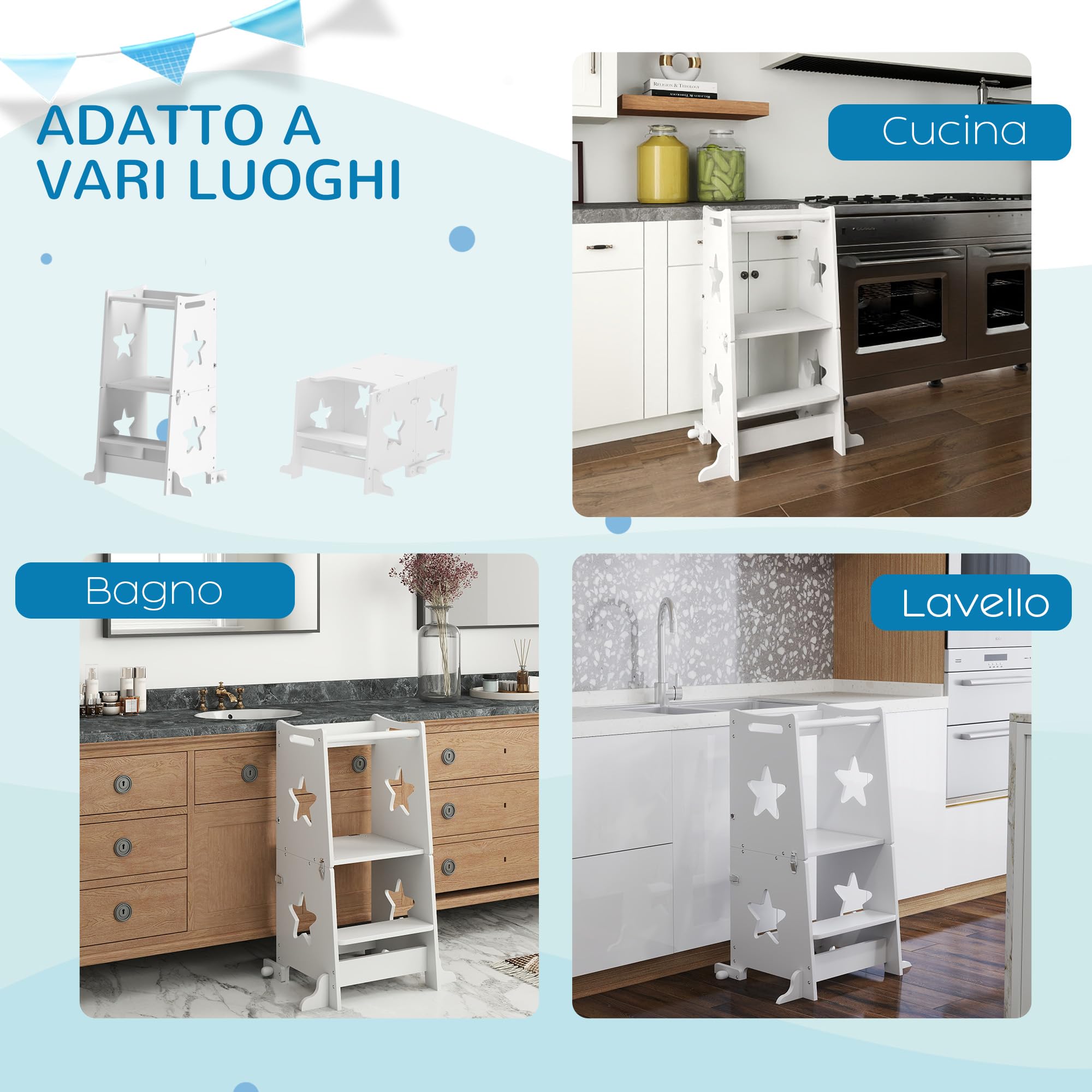 AIYAPLAY Torre Montessoriana Bambini Convertibile Set Tavolo Sedie Barra Sicurezza Sgabello Legno 3-6 Anni Apprendimento Bagno Cucina Toilette Bianco