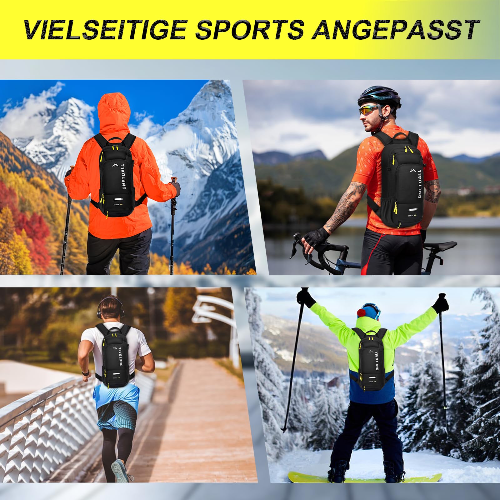 LOCAL LION ONETOALL Fahrradrucksack Klein 10L mit Regenschutz und Helmnetz, Skirucksack für Damen und Herren, Kleiner Wanderrucksack Wasserdicht zum Skifahren Radfahrren Wandern Tagestour