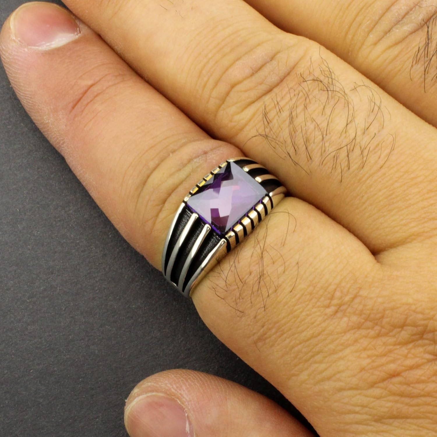 Solid 925 Sterling Silver Luxury Ring for men with Faceted Clear Purple Simulated Amethyst Stone