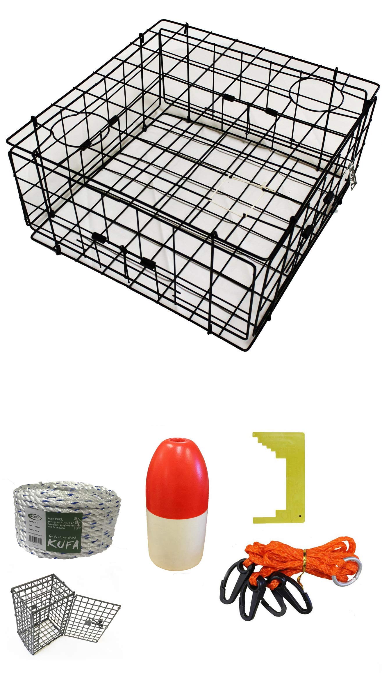 KUFA Vinyl Coated Crab Trap & Accessory kit (100' Non-Lead Sinking line,Clipper,Harness,Bait Bag & 14