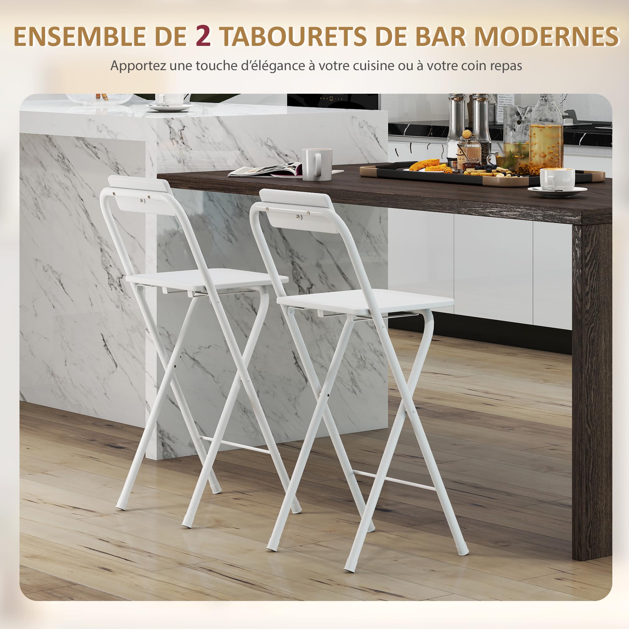 HOMCOM Lot de 2 tabourets de Bar Pliables, chaises de Bar, Chaise Haute Cuisine avec Dossier et Repose-Pieds, Cadre en Acier, 87 cm de Haut, Blanc