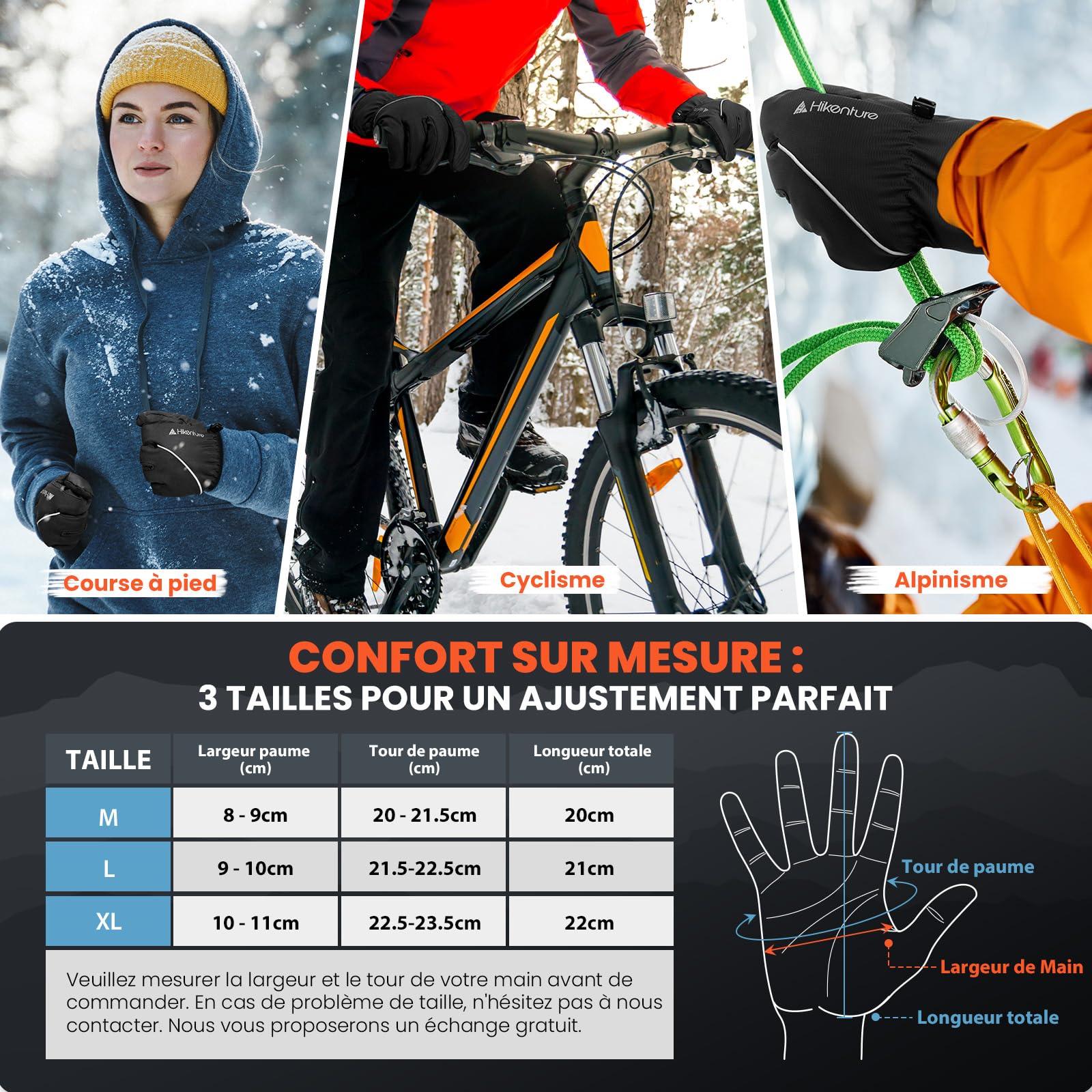 HIKENTURE Gants d'hiver imperméables, gants de cyclisme pour homme et femme avec polaire - Chauds et coupe-vent - Écran tactile - Gants de vélo d'hiver - Gants de ski antidérapants - Gants de course