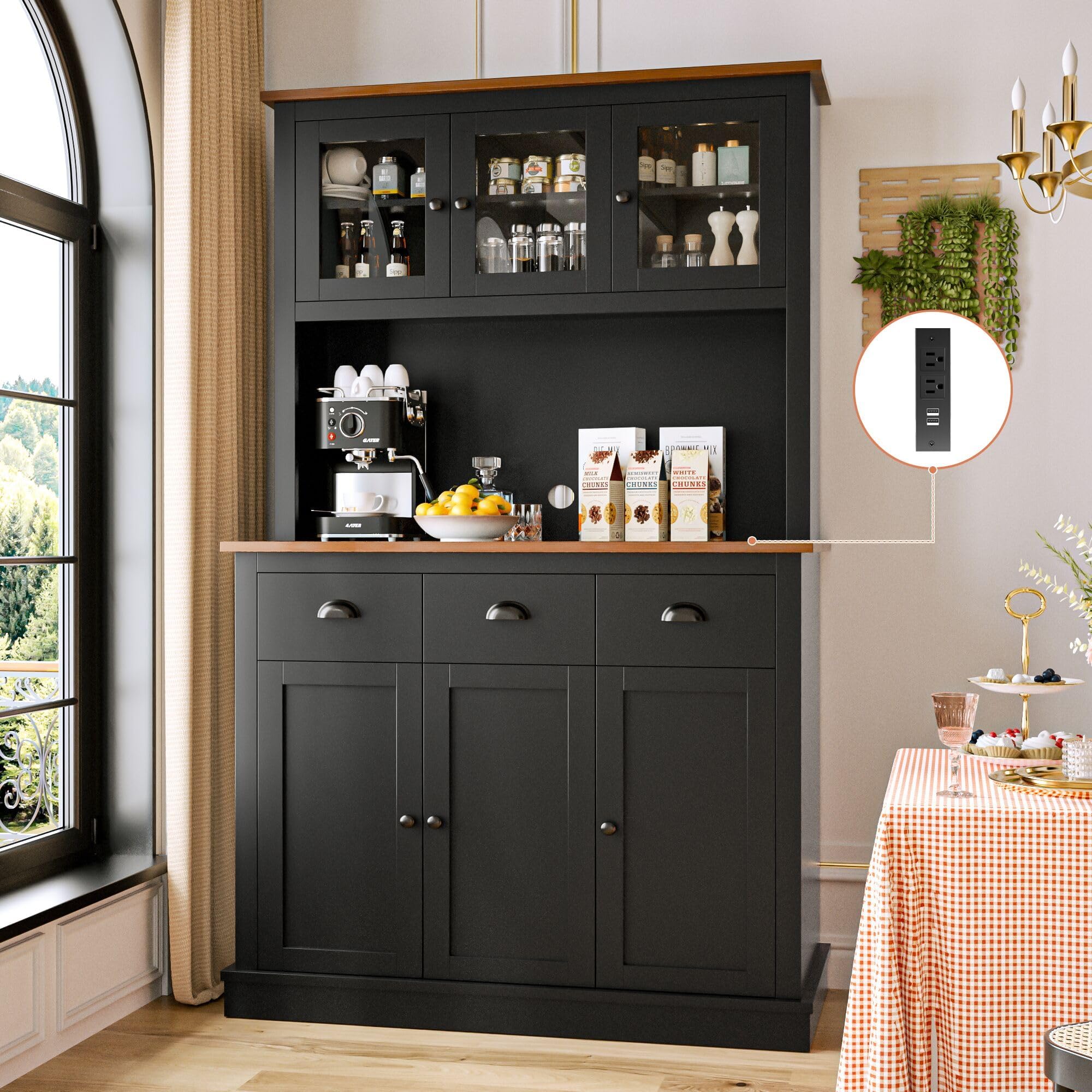 MU 71" Kitchen Pantry Cabinet with Charging Station, Kitchen Hutch, Black