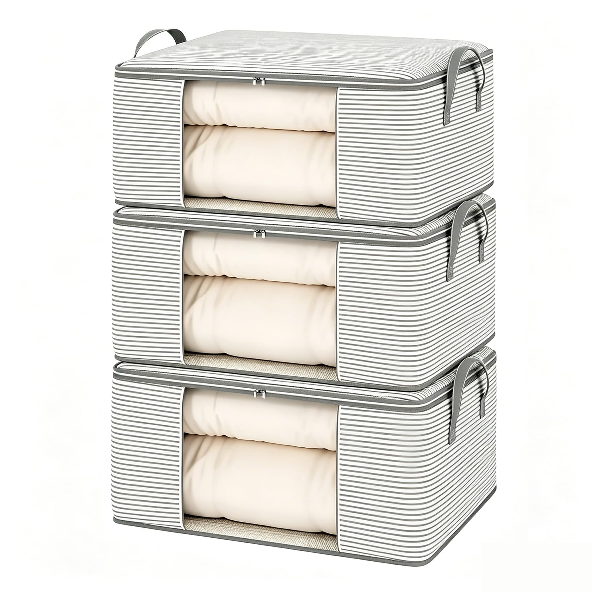 Pack of 3 Storage Bags Clothes Storage Wardrobe Organiser Underbed Storage Box Foldable Stackable with Reinforced Handles and Double Zip for Clothes 55 x 35 x 25 cm (Grey)