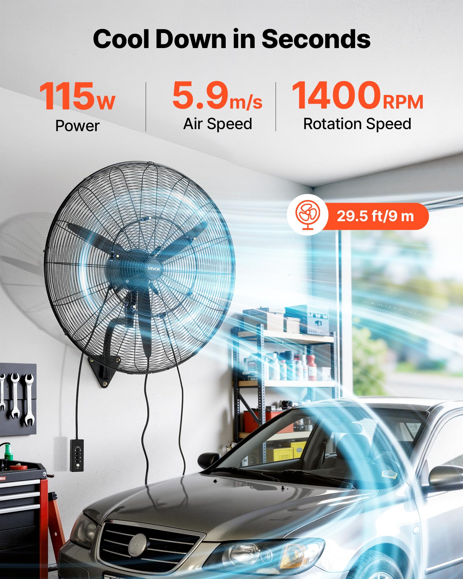 VEVOR Ventilateur Mural Industriel Brumisateur 76 cm, Ventilateur Oscillant pour Atelier, Garage, Entrepôt et Salle de Sport, Protection IP44, 3 Vitesses, Angle Réglable, Pales en Alu, Grille en Acier