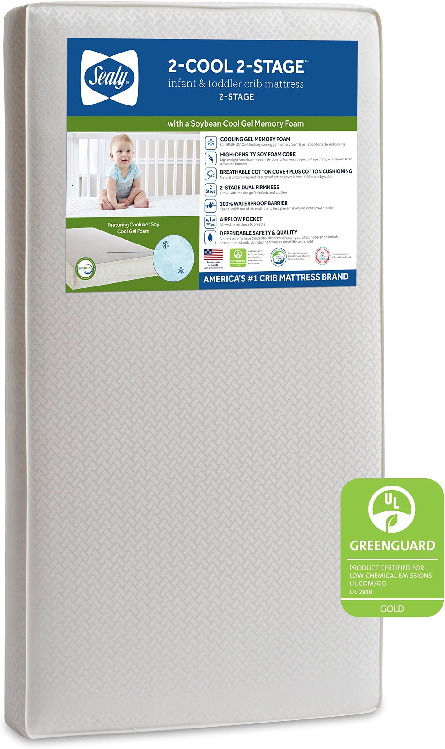 Sealy Baby Select 2-Cool 2-Stage Dual Firmness Lightweight Waterproof Standard Toddler & Baby Crib Mattress, Soybean Foam-Core, 51.63” x 27.25”