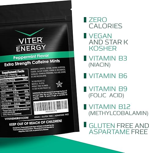 Miniatura 3 de Viter Energy Mentas con cafeína extra fuertes, 80 mg de cafeína, vitaminas B, sin azúcar. (menta, 8 onzas, bolsa a granel)