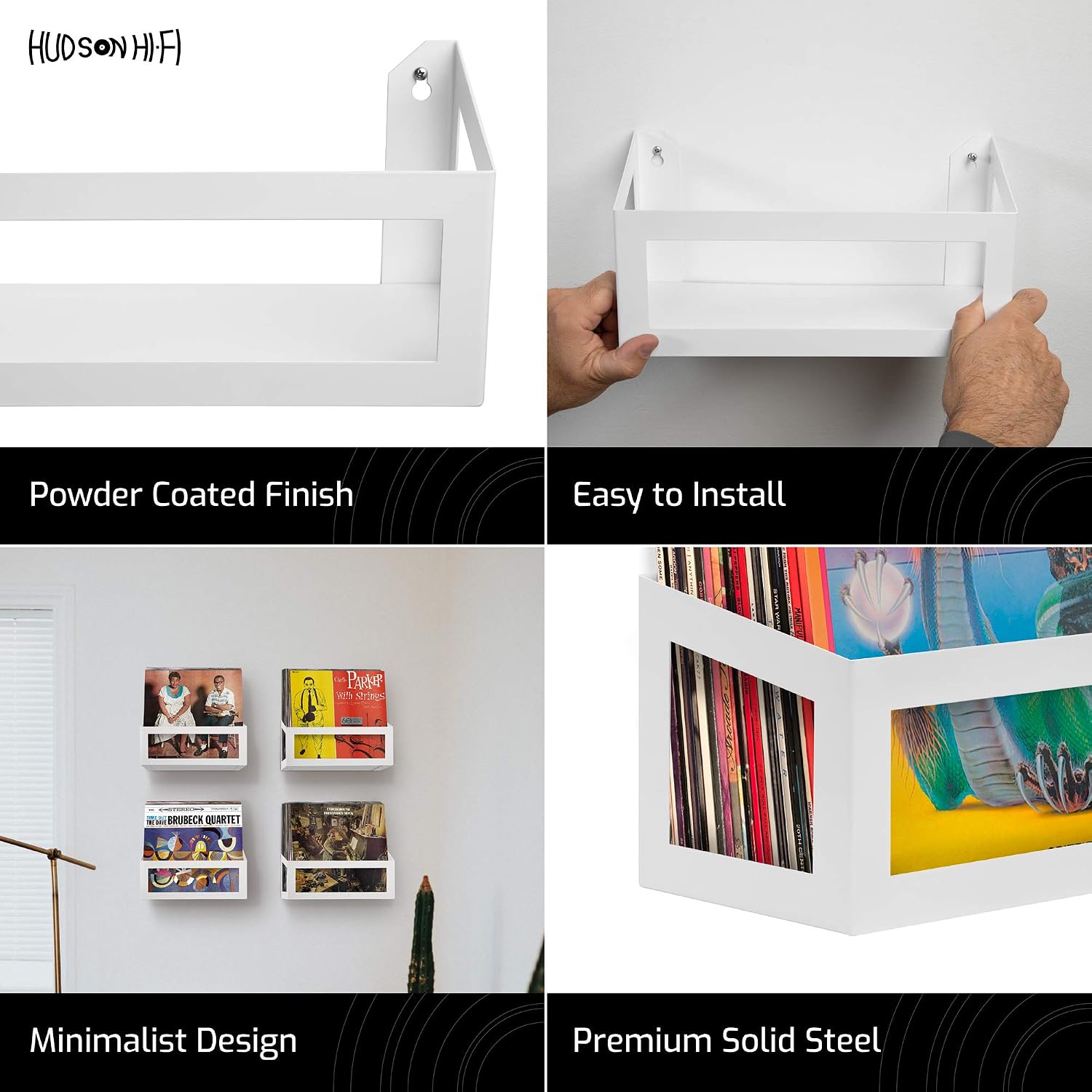 Hudson Hi-Fi Vinyl Display Holder - 1 Pack Record Display Shelf - Solid Steel Vinyl Wall Mount & Record Display, Quick Access Vinyl Record Wall Mount - Vinyl Record Shelf, Fits 25 LPs, White Pearl