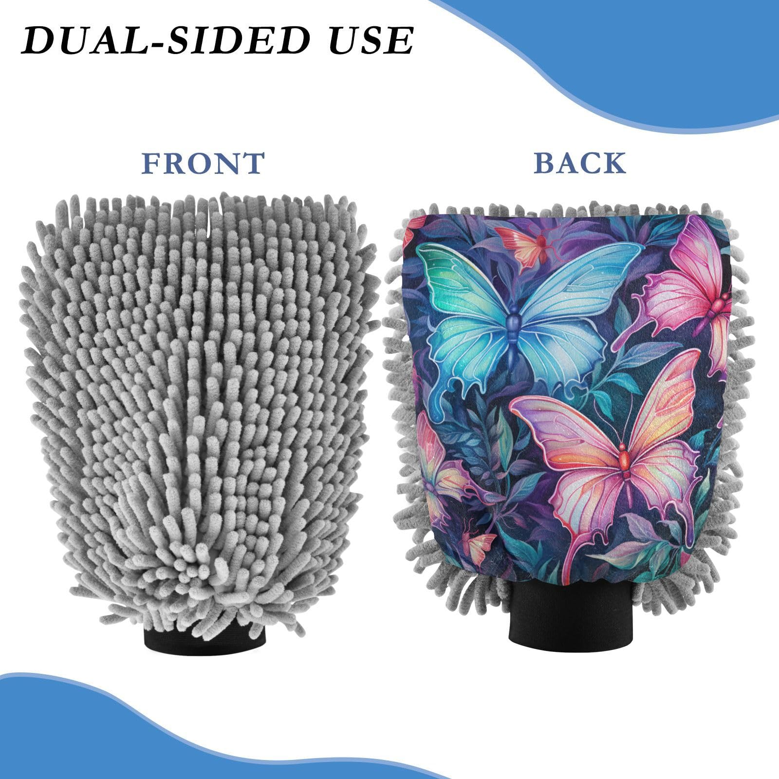 IOACIY Absorbent Microfiber Car Wash Drying Mitts, 2 Pack, Scratch-Free & Lint-Free, Rich Foam, Highly Absorbent, Double Sided, Wash Mitt Perfect for Car Washing, L, Butterfly (1)