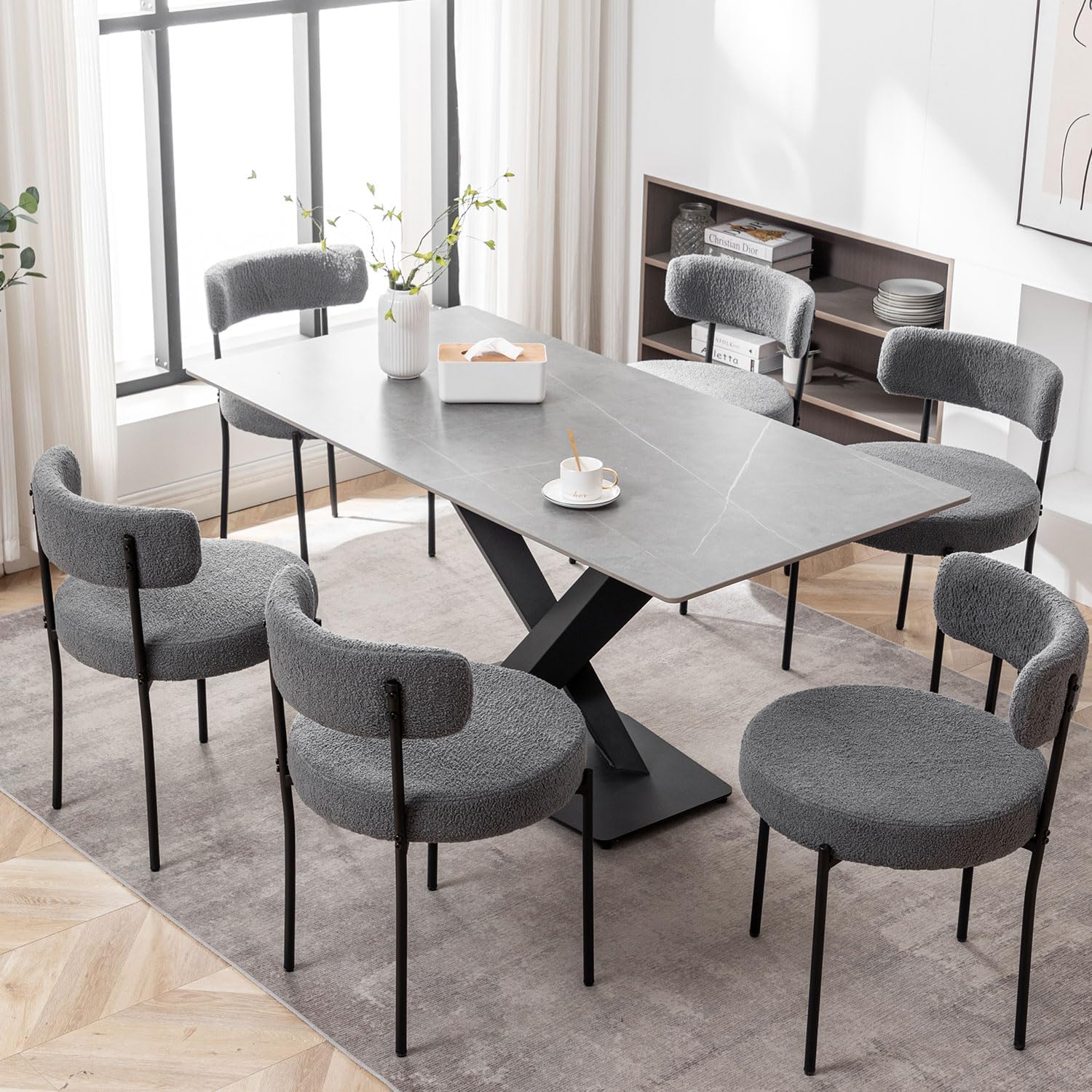 Cinxzar Grey Boucle Dining Chairs Set of 6, Upholstered Dining Room Chairs with Black Metal Legs, Round Modern Dining Chair for Dining Room, Kitchen