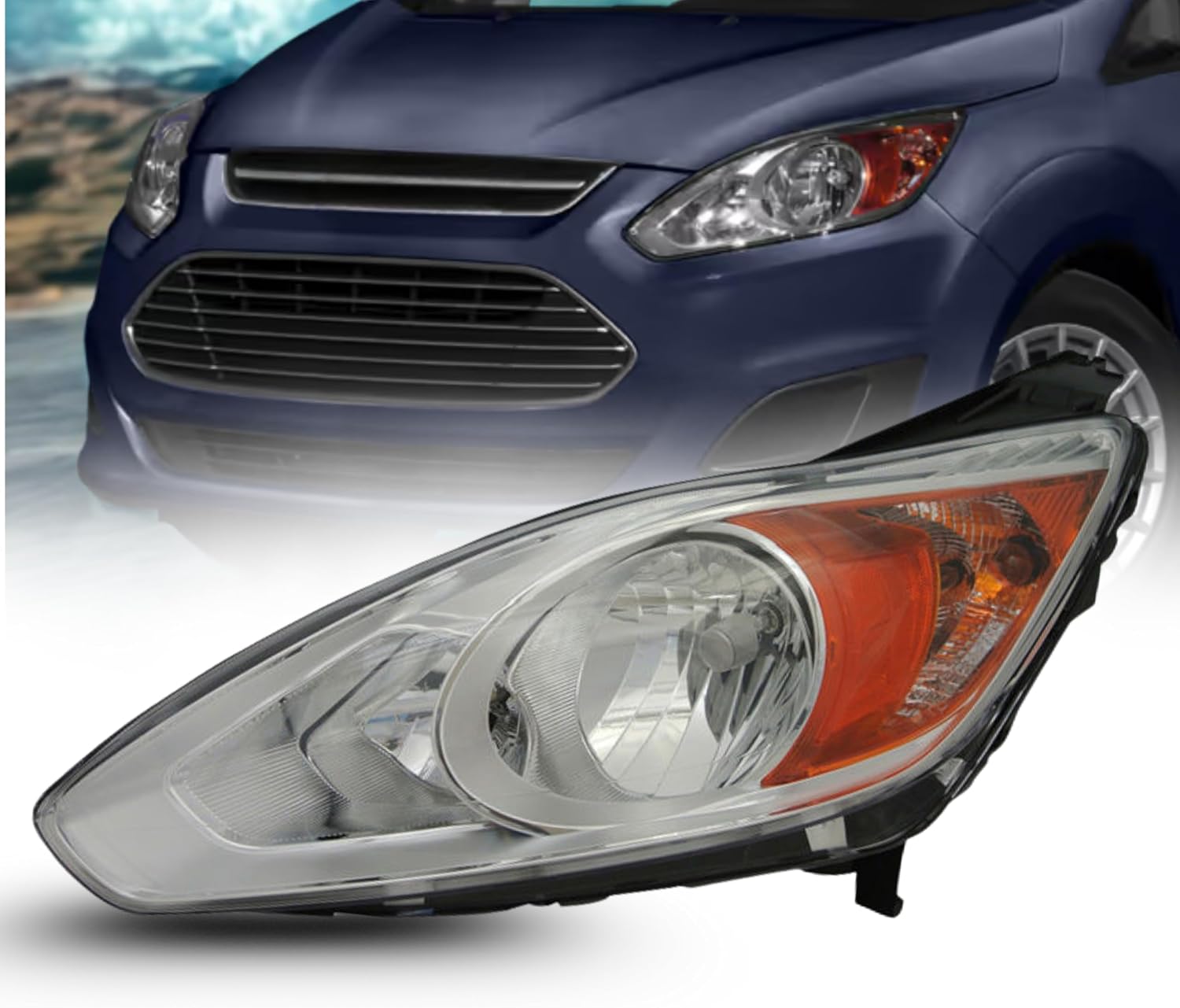 Headlamp Replacement For Ford 2013 2014 2015 2016 C-Max ENERG/HBRD Halogen Headlight Assembly with Bulbs Chrome Bezel Left Side/Driver Side Partslink: FO2502314 / OEM: DM5Z 13008 D DOT/SAE Compliant