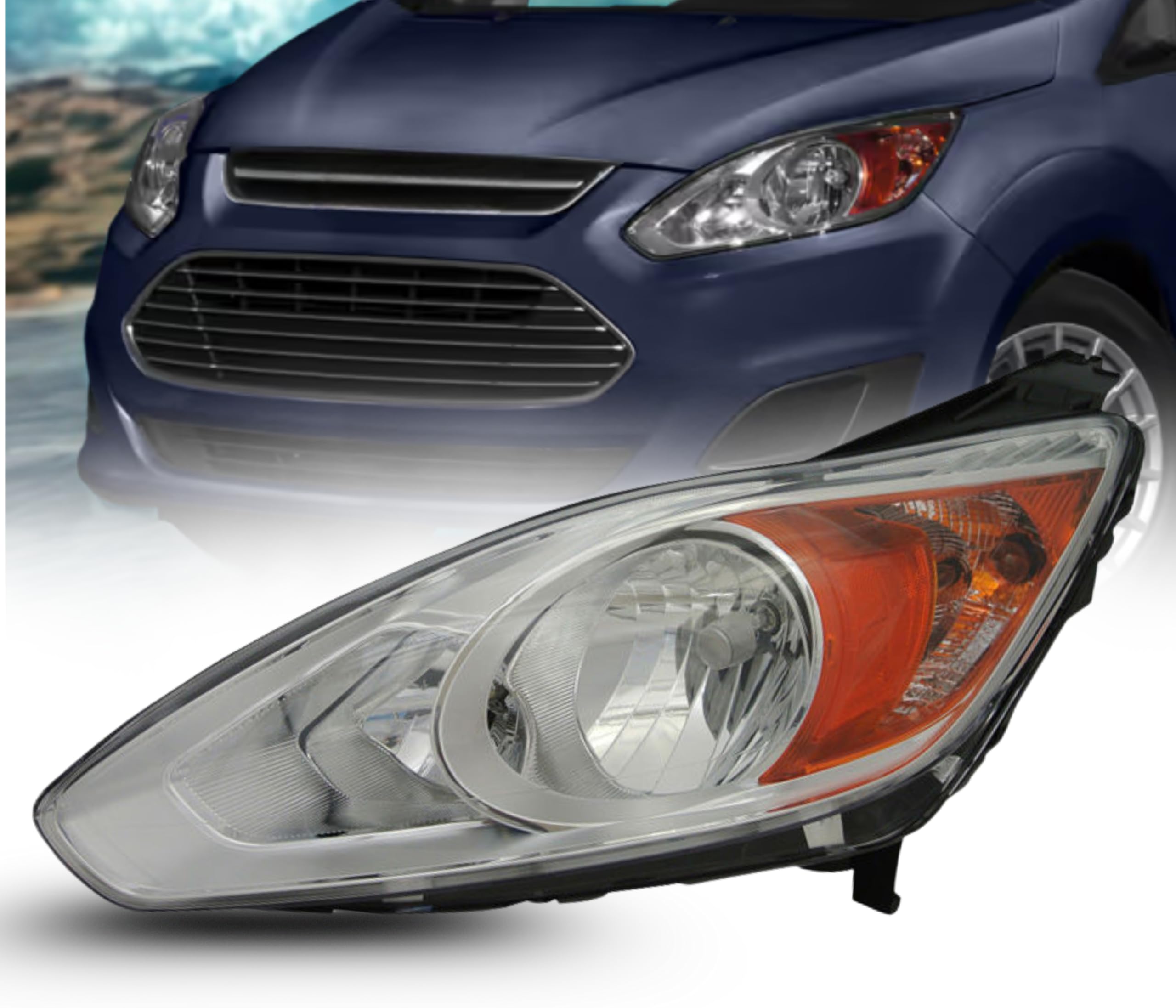 Headlamp Replacement For Ford 2013 2014 2015 2016 C-Max ENERG/HBRD Halogen Headlight Assembly with Bulbs Chrome Bezel Left Side/Driver Side Partslink: