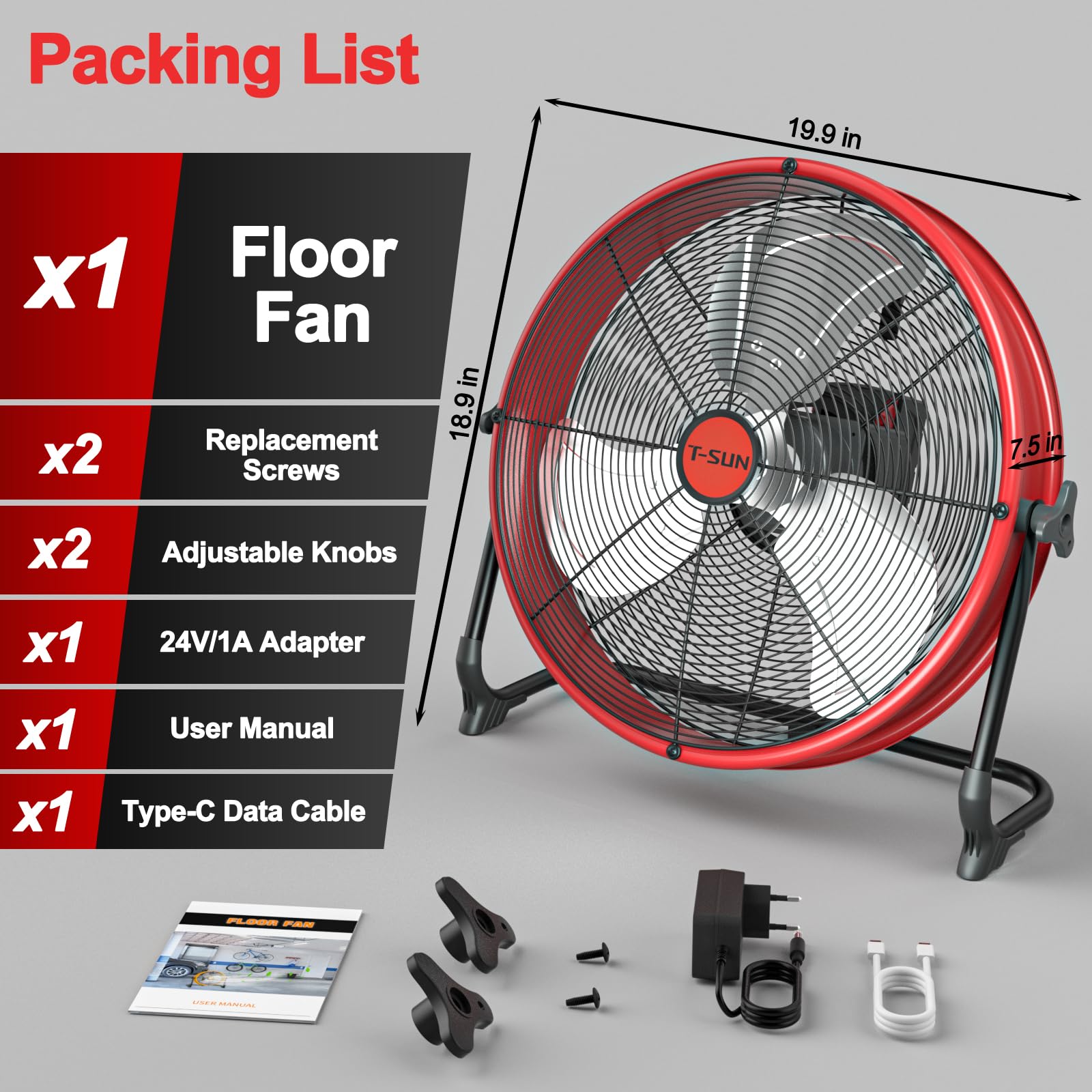 Ventilateur de Sol 40CM compatible avec Batterie Mil-wau-kee/AC-Adaptateur | Réglage Continu des Vitesses | Inclinaison Réglable | Silencieux | Ventilateur Portable pour Camping Garages(Sans Batterie)