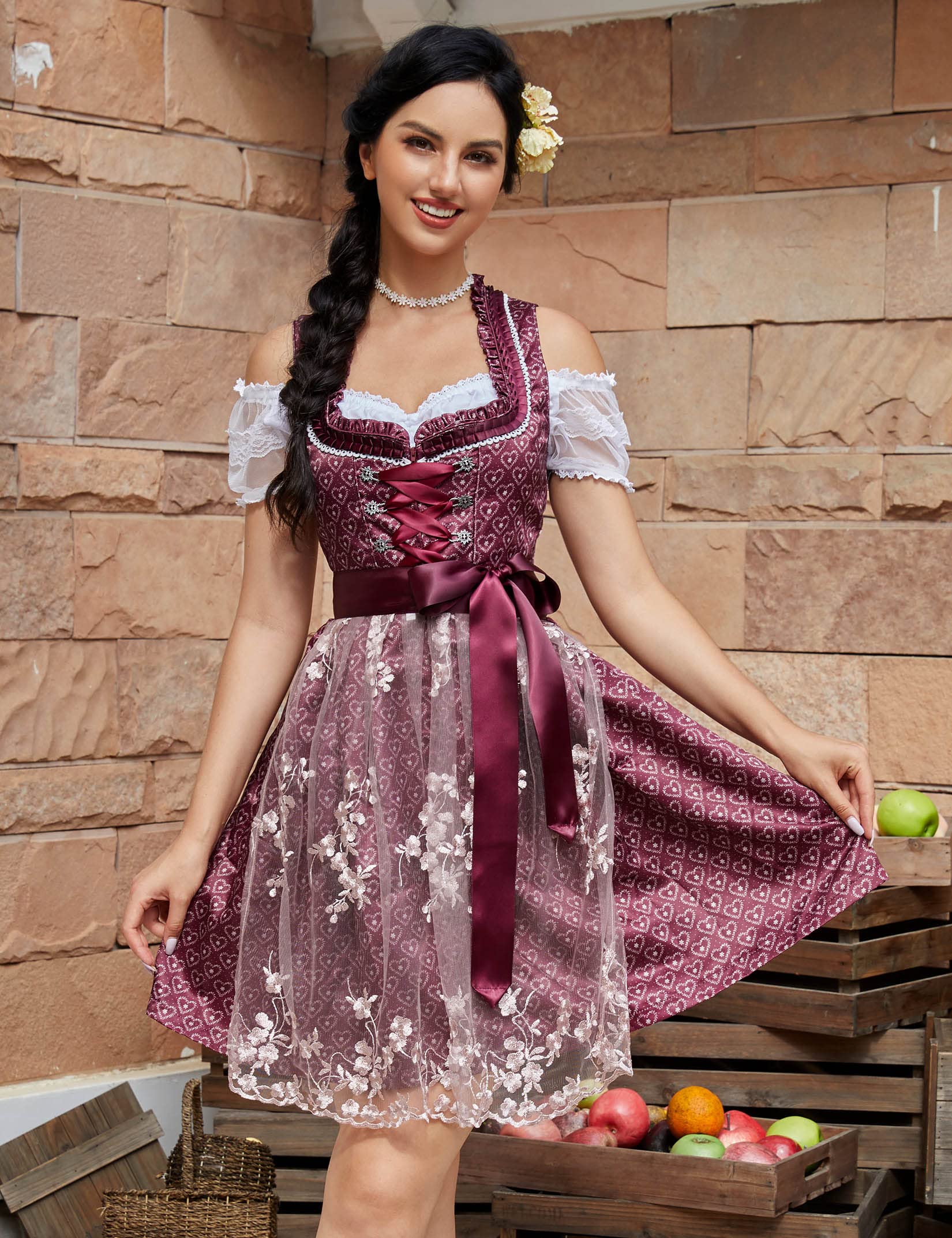 KOJOOIN Abito Donna Dirndl Bavaria Oktoberfest Set 3 Pezzi Camicia e Grembiule Dirndl Manica Corta Grembiule Bavarese Oktoberfest Cameriera Abiti da Festa