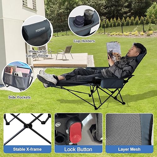 Miniatura 5 de Paquete de 2 sillas reclinables de camping de 4 posiciones con reposapiés, cómoda para adultos, silla de playa plegable de malla de 265 libras, con