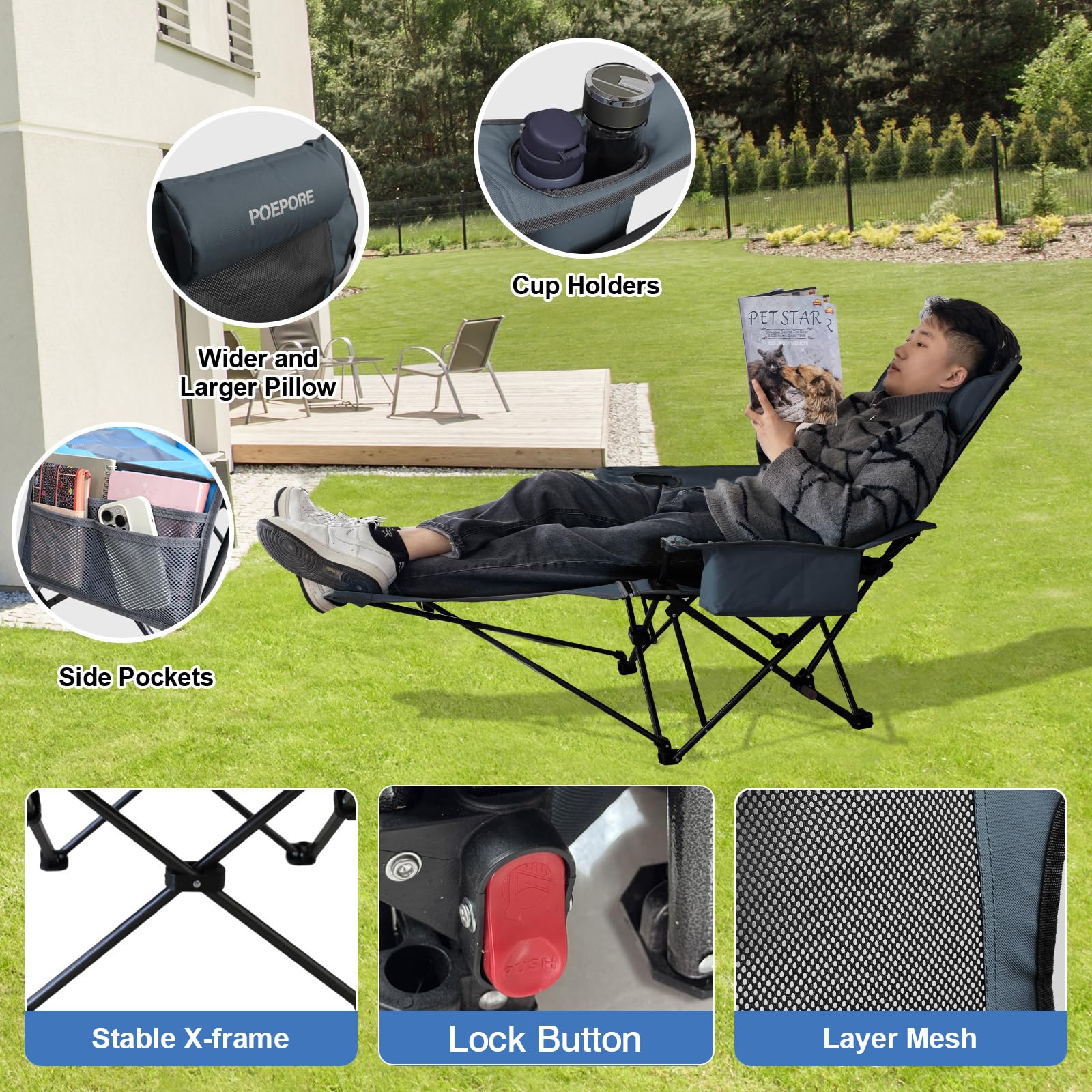 Sedia Da Campeggio Pieghevole Con Schienale Regolabile E Poggiapiedi - Sdraio Portatile Per Spiaggia, Pesca, Giardino - Foto 3