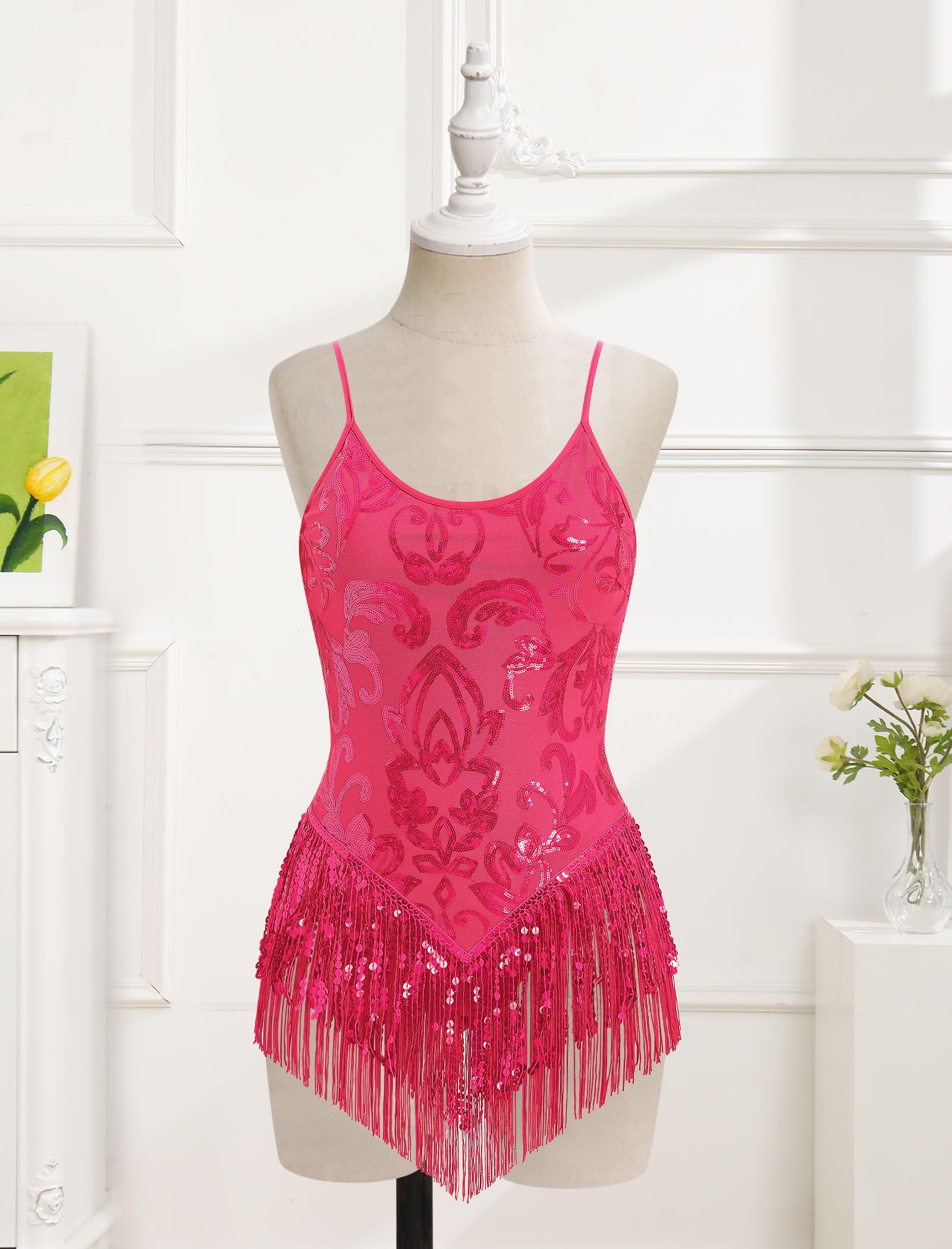 IBAKOM Women Sexy Sequins Fringe Bodysuit Sparkly Tassel Latin Jazz Dance Acrobat Costume Adult Trapeze Artist Rave Outfits: Hot Pink Small