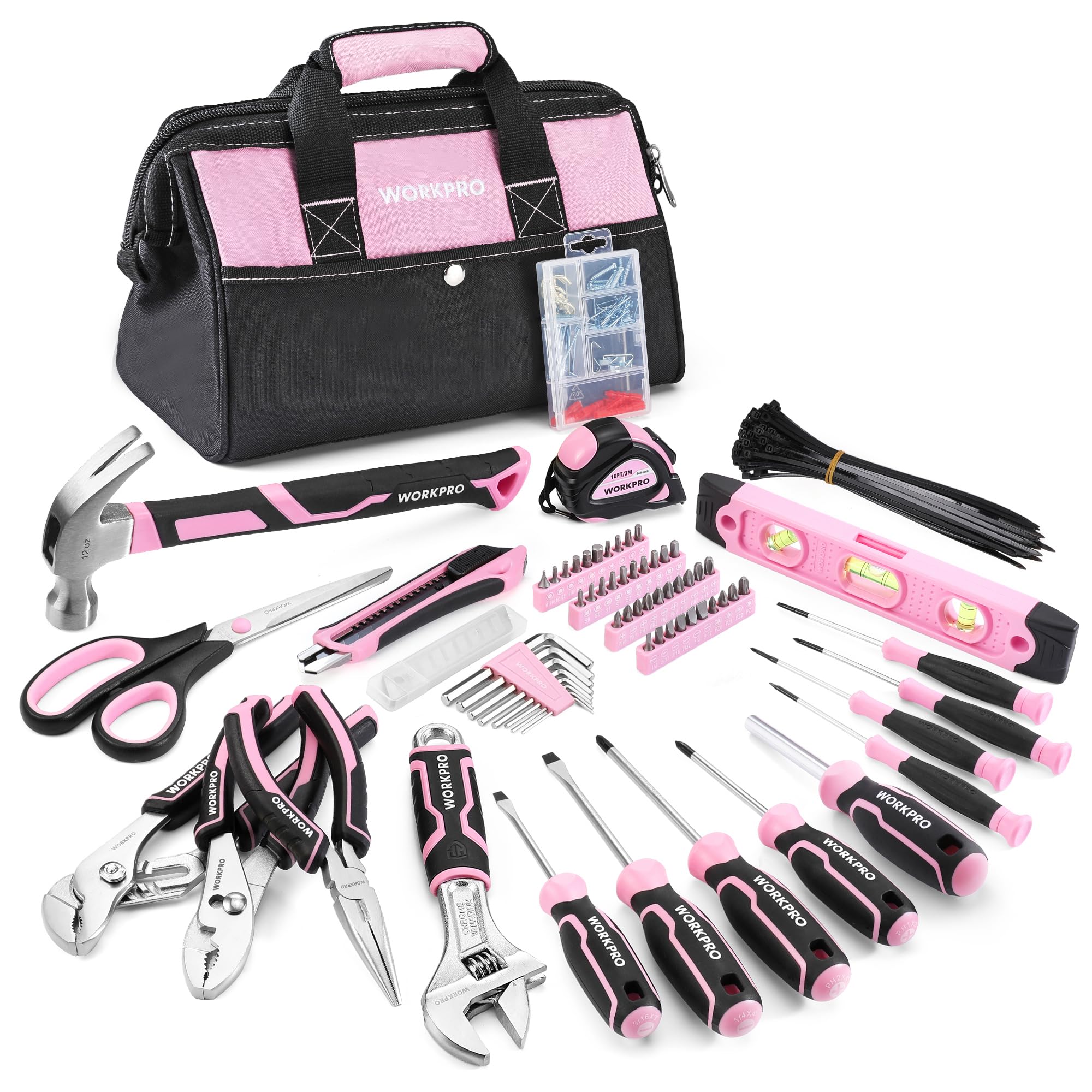 WORKPRO Pink Tool Set, 277 PCS Home Repairing Tool Kit, Pink Tool Bag with 13-Inch Wide Mouth Open Storage Bag, Portable Home Tool Kit Including