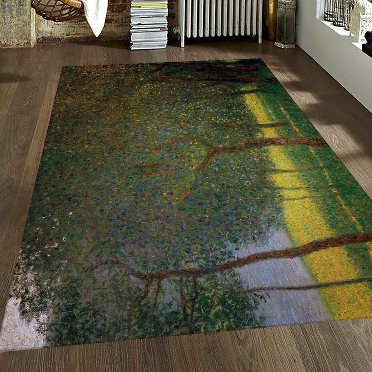 Tapis lavables Gustav Klimt 140x200cm vert bois | Tapis salon vintage antidérapant