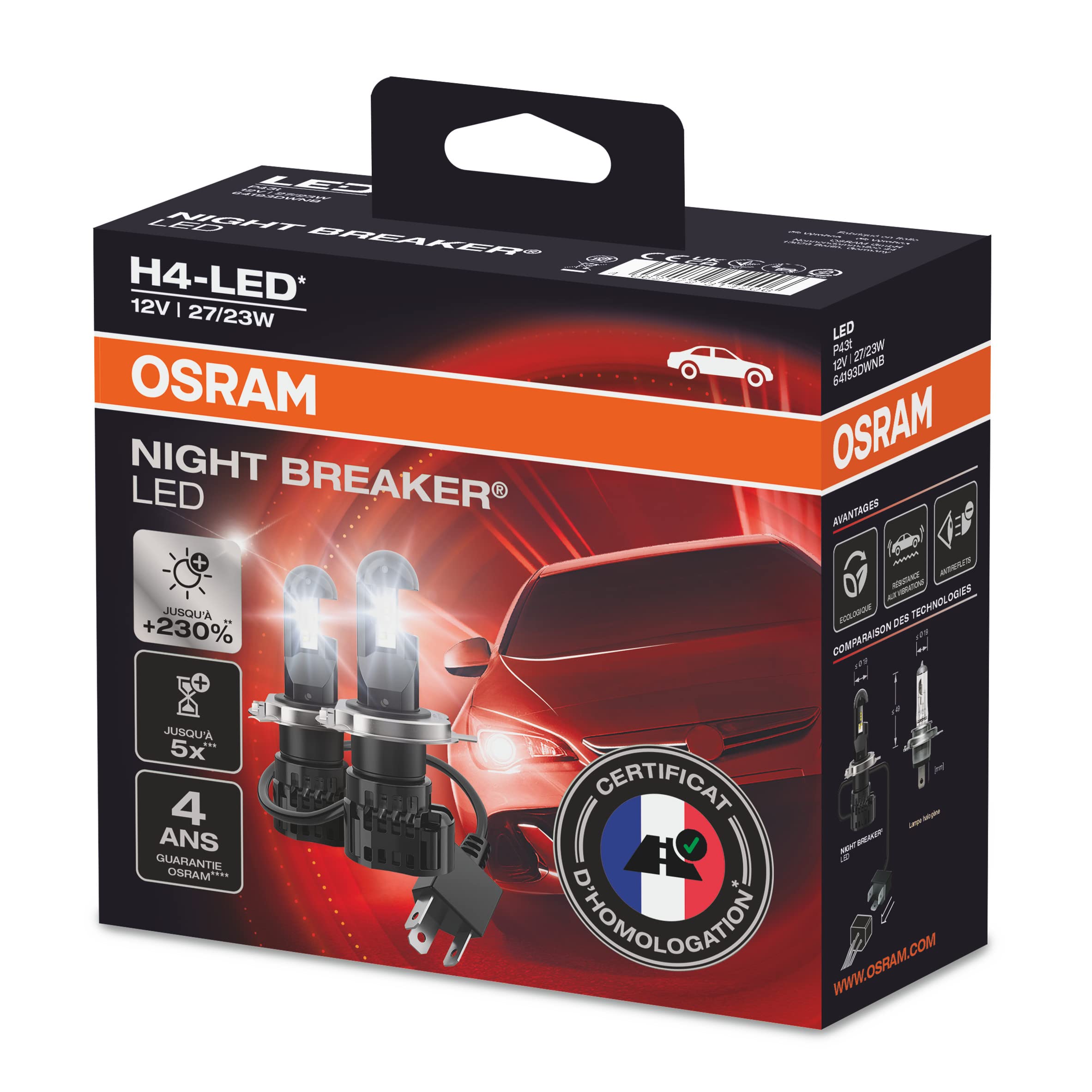 OSRAM NIGHT BREAKER H4-LED, jusqu'à 230% de luminosité en plus, premiers feux de croisement et de route H4 LED, homologué route en France