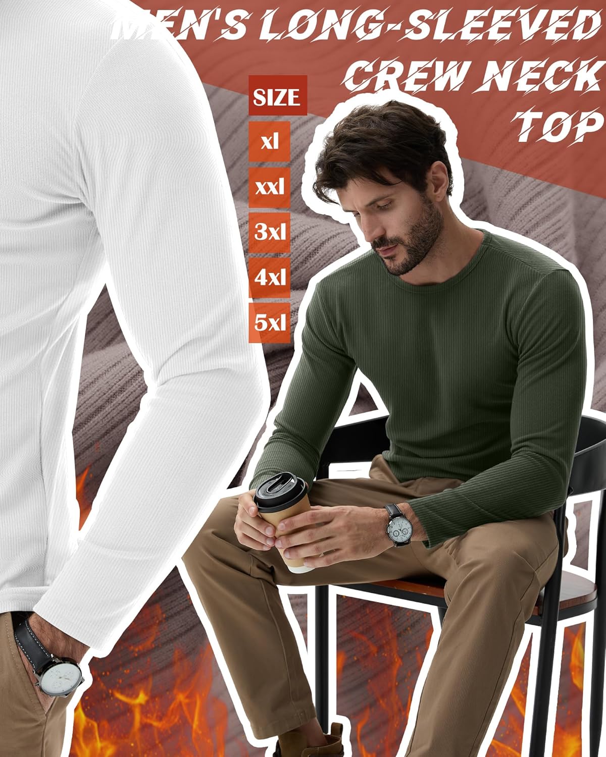 Neer 4 Pack Men's Big and Tall Thermal Long Sleeve T-Shirts, Cotton Ribbed Crew Neck Slim Fit Base Layer Sweaters Undershirts(Army Green, White, Heather Gray, Black,X-Large) - Image 5