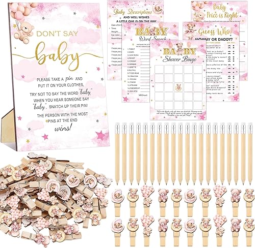 Miniatura 1 de Patelai Juego de 321 piezas de oso rosa para baby shower para niña, 5 juegos que incluye 50 tarjetas de actividad, 20 lápices, 1 letrero de "Don't