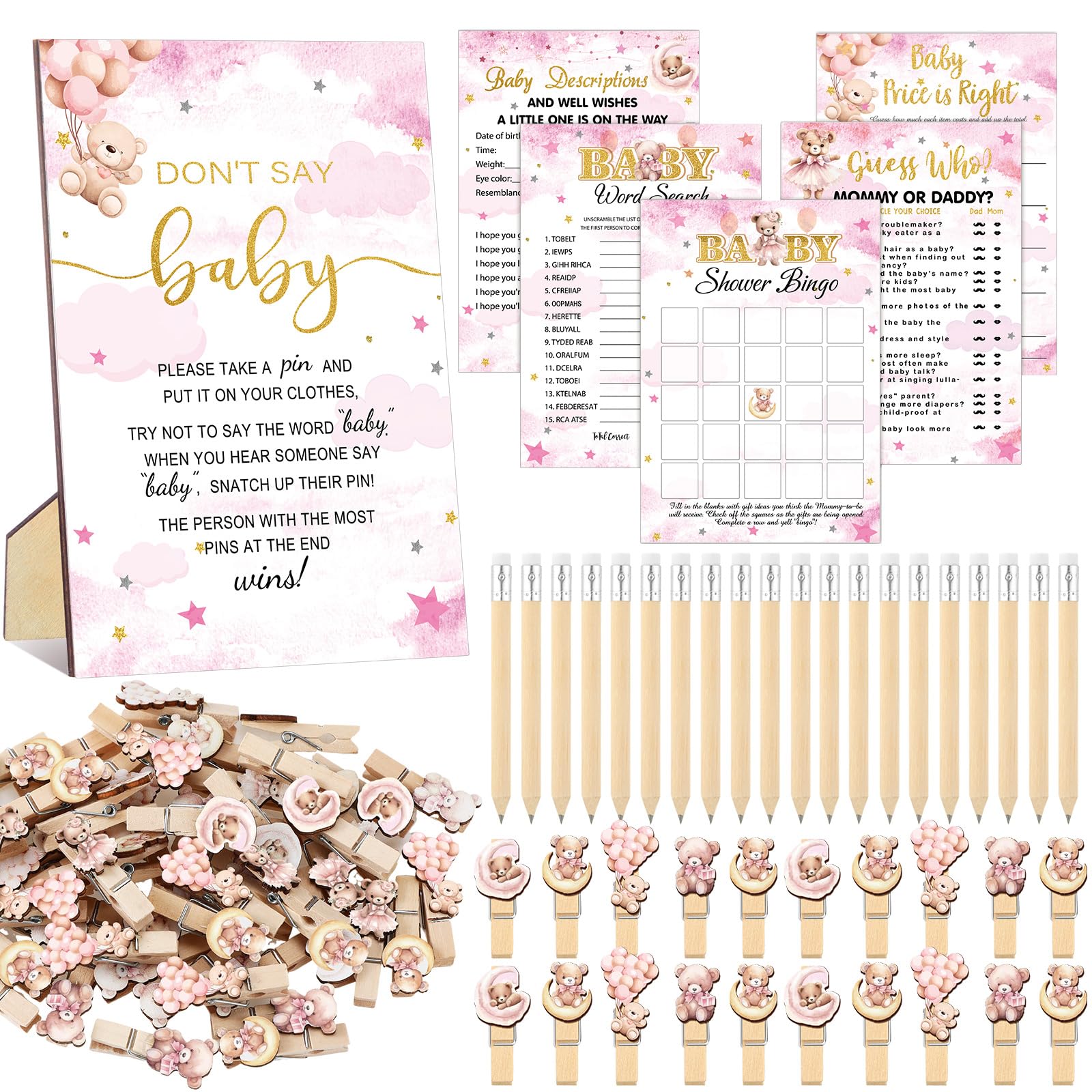 Patelai 321 Pcs Pink Bear Baby Shower Decorations Games Supplies, Serves 50