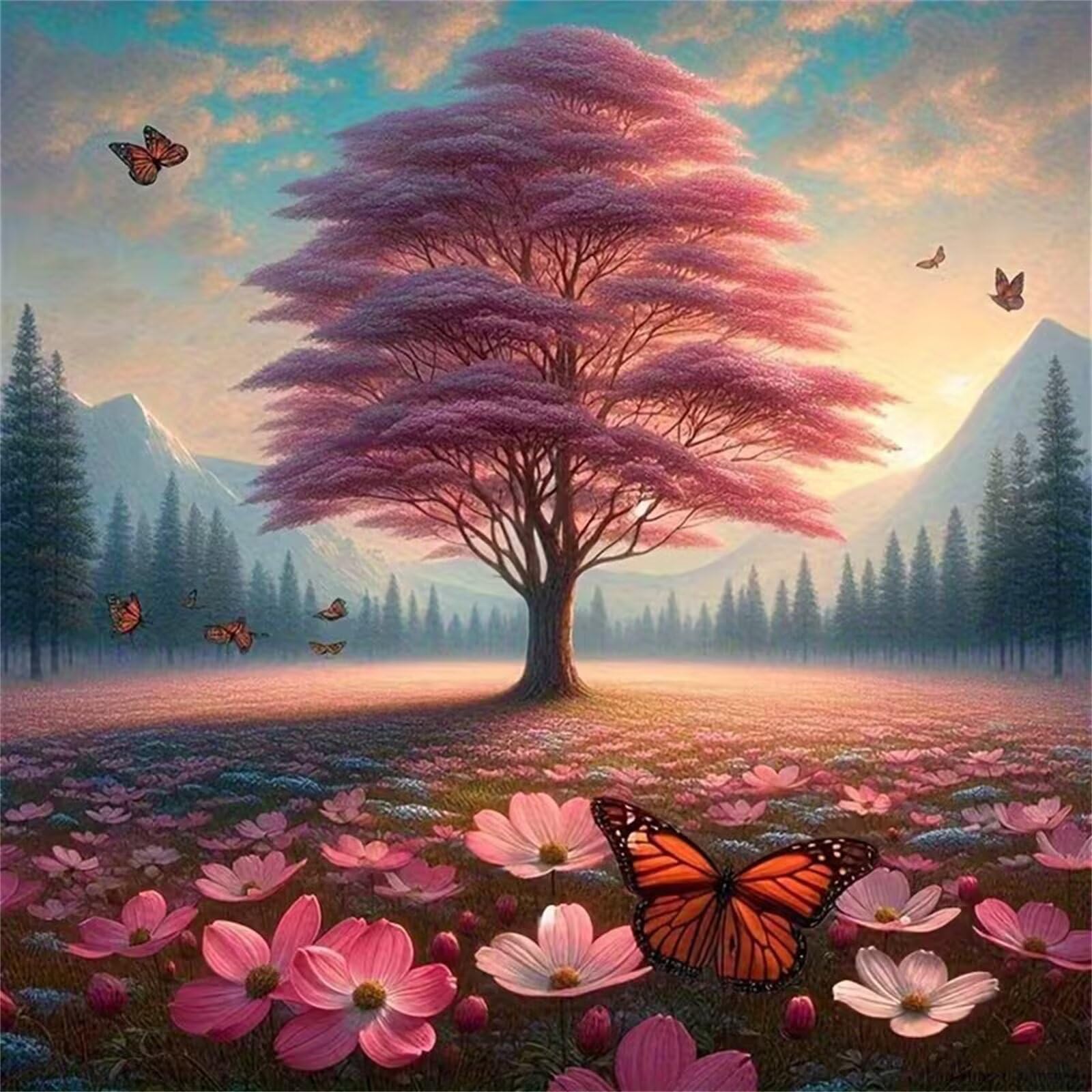 Zestawy do malowania diamentowego z różowym kwiatem, drzewo, DIY, 5D, artystyczne, kwadratowe, 105 x 105 cm, haft krzyżykowy, płótno dla dorosłych, salon, sypialnia, dekoracja ścienna