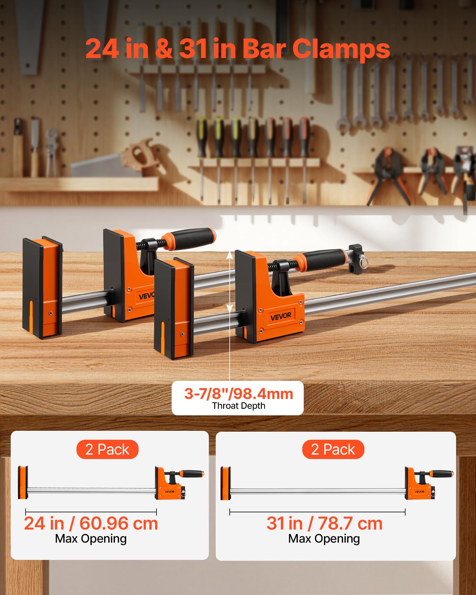 VEVOR Schraubzwingen 4er-Pack, 60,96 cm & 78,7 cm F-Zwingen, 500 kg Klemmzwingen, 2-fach Klemm-/Spreizfunktion, Weiche Gummifüße, Stange aus Kohlenstoffstahl, für Holz- & Metallbearbeitung