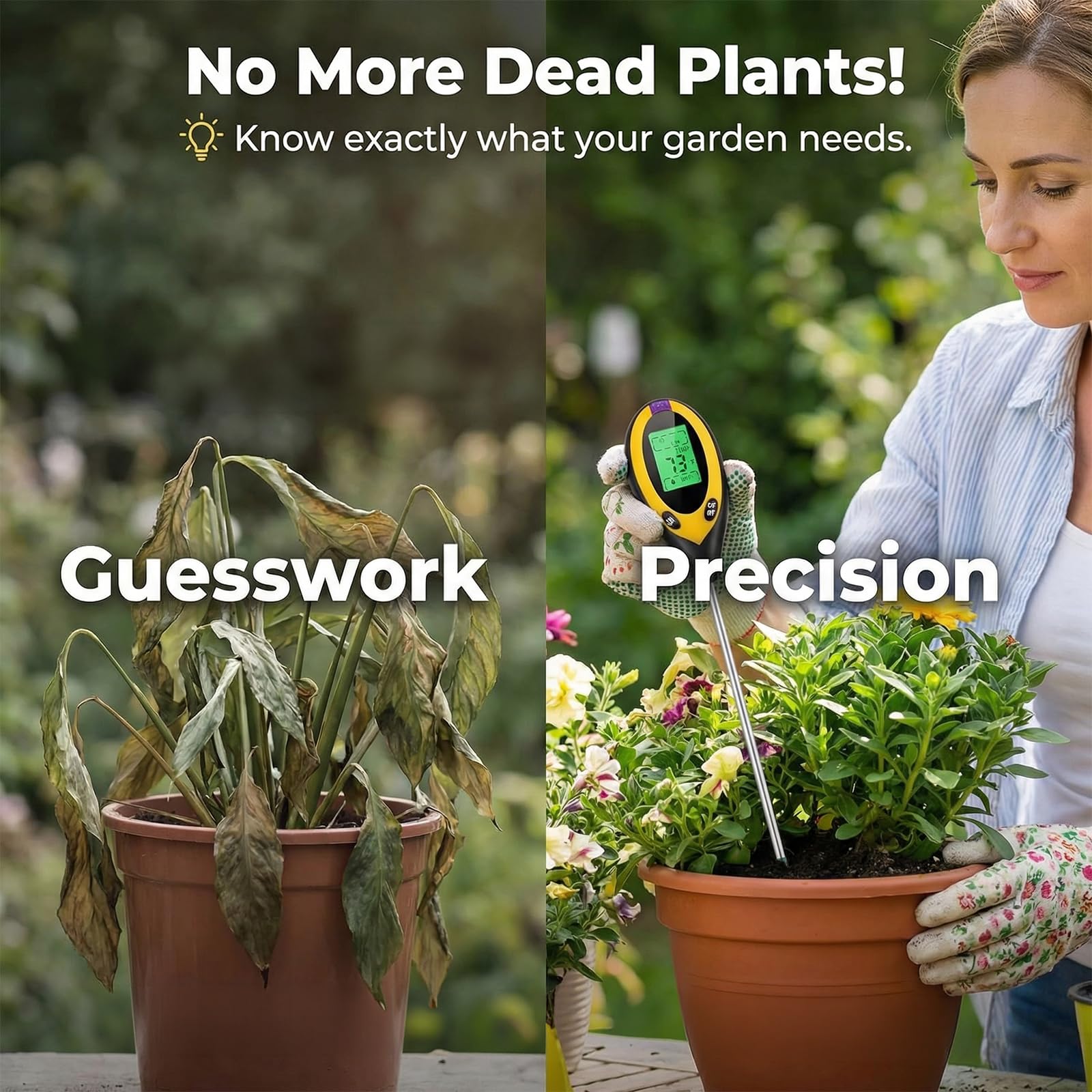 4 en 1 Testeur Ph Sol, 2 Pièces Testeur Humidité Plante, Humidité/PH/Température/Ensoleillement, Testeur Humidité Plante, Concerner Jardins, Fermes, Plantes D'Intérieur et D'extérieur