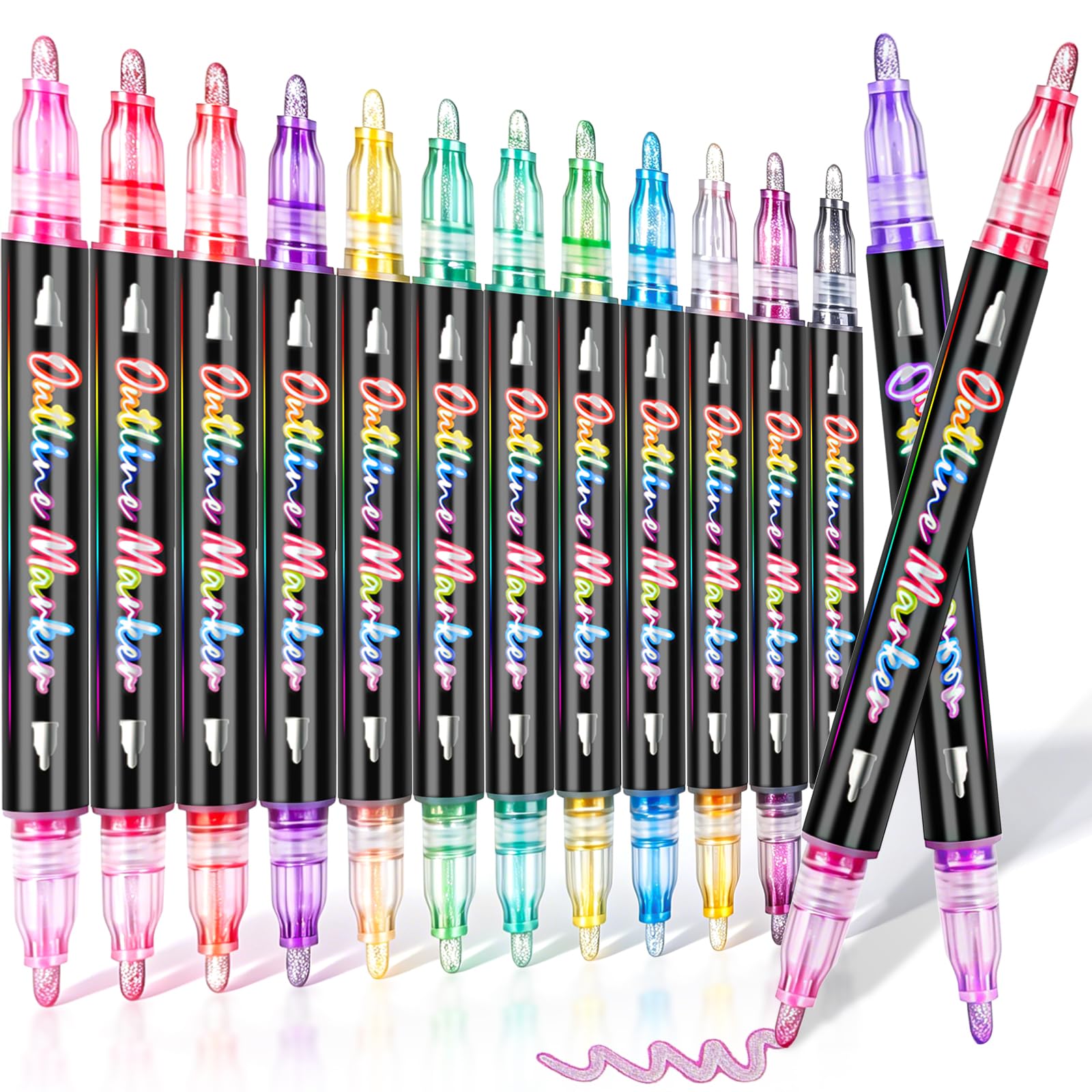24 Colours Outline Shimmer Markers, 12 Packs Dual Tone Double Line Glitter Markers Pens for Greeting Cards, Outline Glitter Pens Art Supplies for Coloring, Metallic Marker Pen for Scrapbook — image 1
