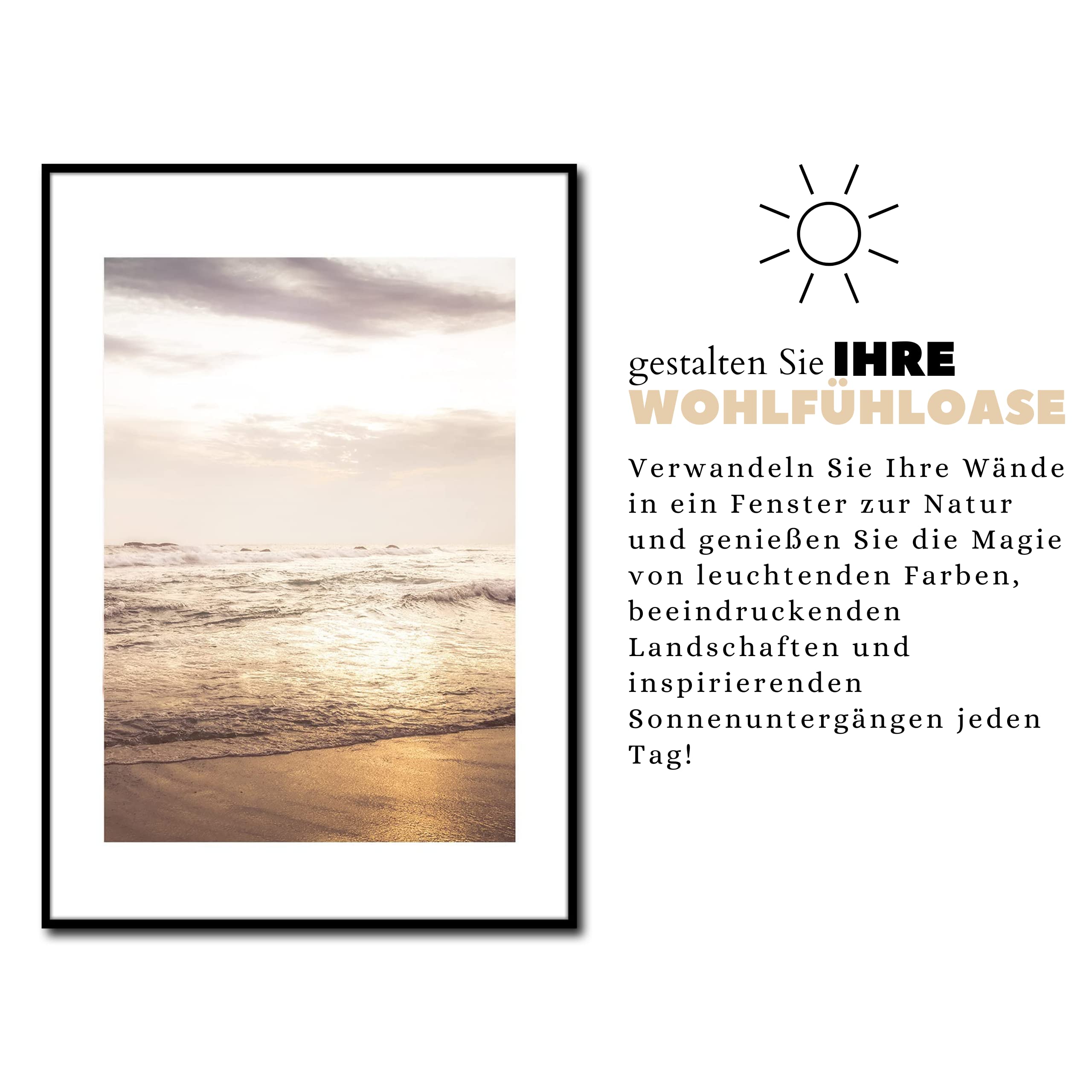 Rahmenbild Gold Coast | Artbox Wandbild | Bild mit Rahmen schwarz | Meer Strand Urlaub Sonnenuntergang Sonne Himmel Sand Wellen Küste | Wohnzimmer Schlafzimmer Büro | orange blau weiß | 50 x 70 cm